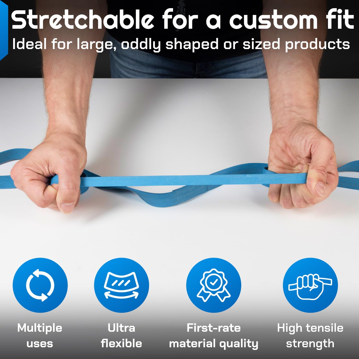 IDL Packaging Bandas de goma fuertes, elásticas y flexibles de 84 pulgadas, paquete de 8, azul, 2 veces de elasticidad, 80% goma natural, bandas de