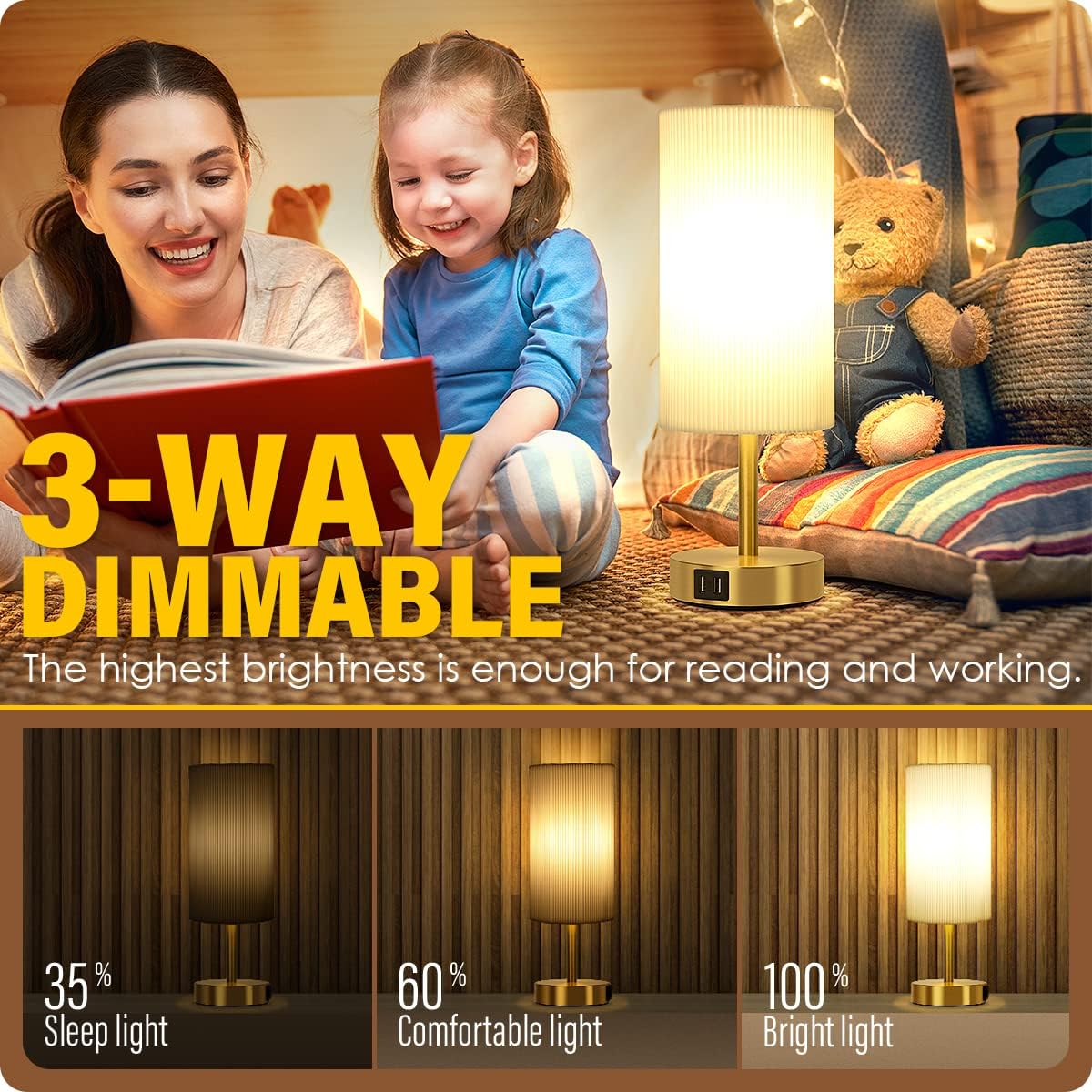 Yarra-Decor Lámpara de noche con puertos de carga USB A+C, juego de dos  Mesa de control táctil para dormitorio, mesa de noche regulable de 3 vías,