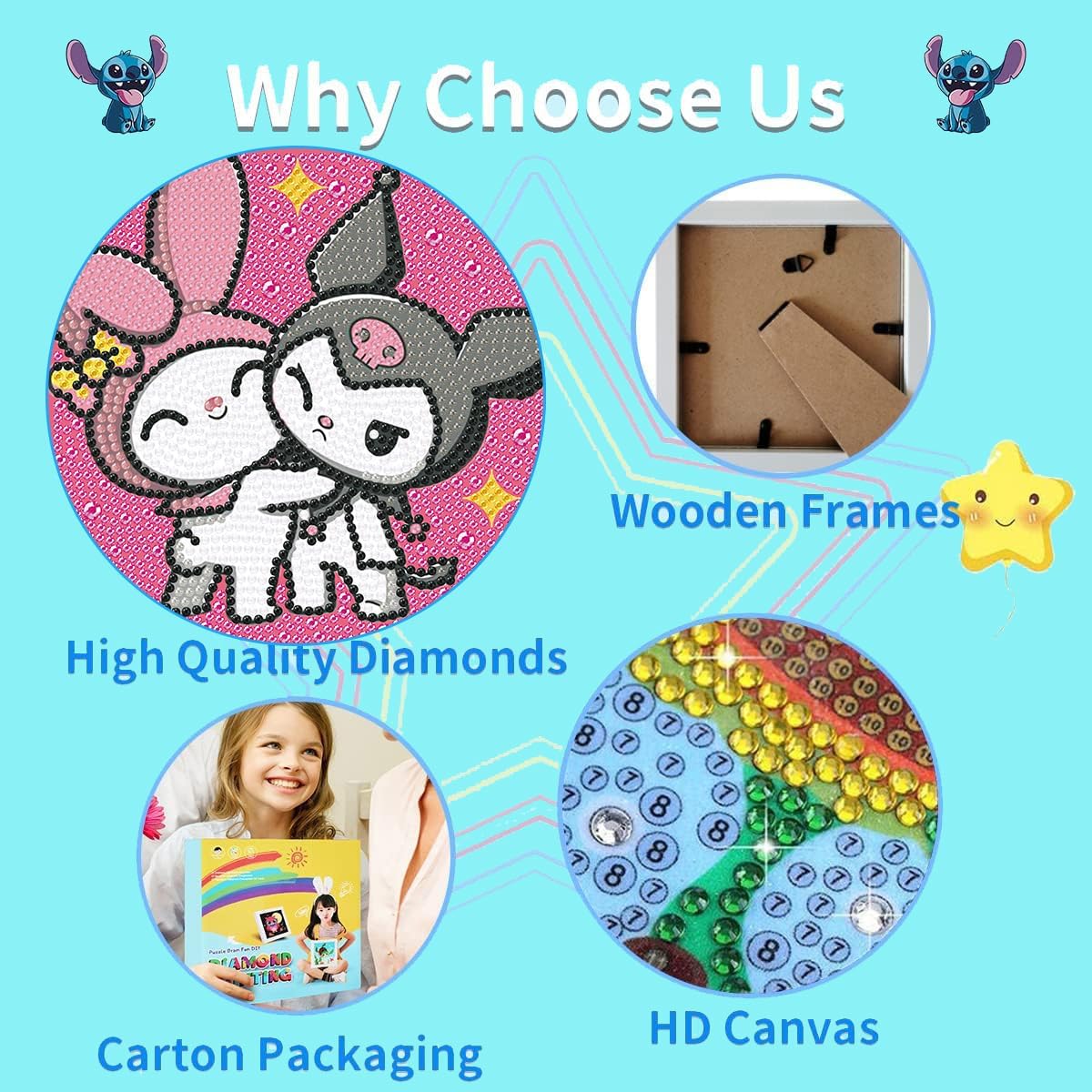 KYOQFVN Kits de pintura artística de diamantes para niños con marco de madera, kits de arte de diamantes 5D para principiantes, arte de gemas