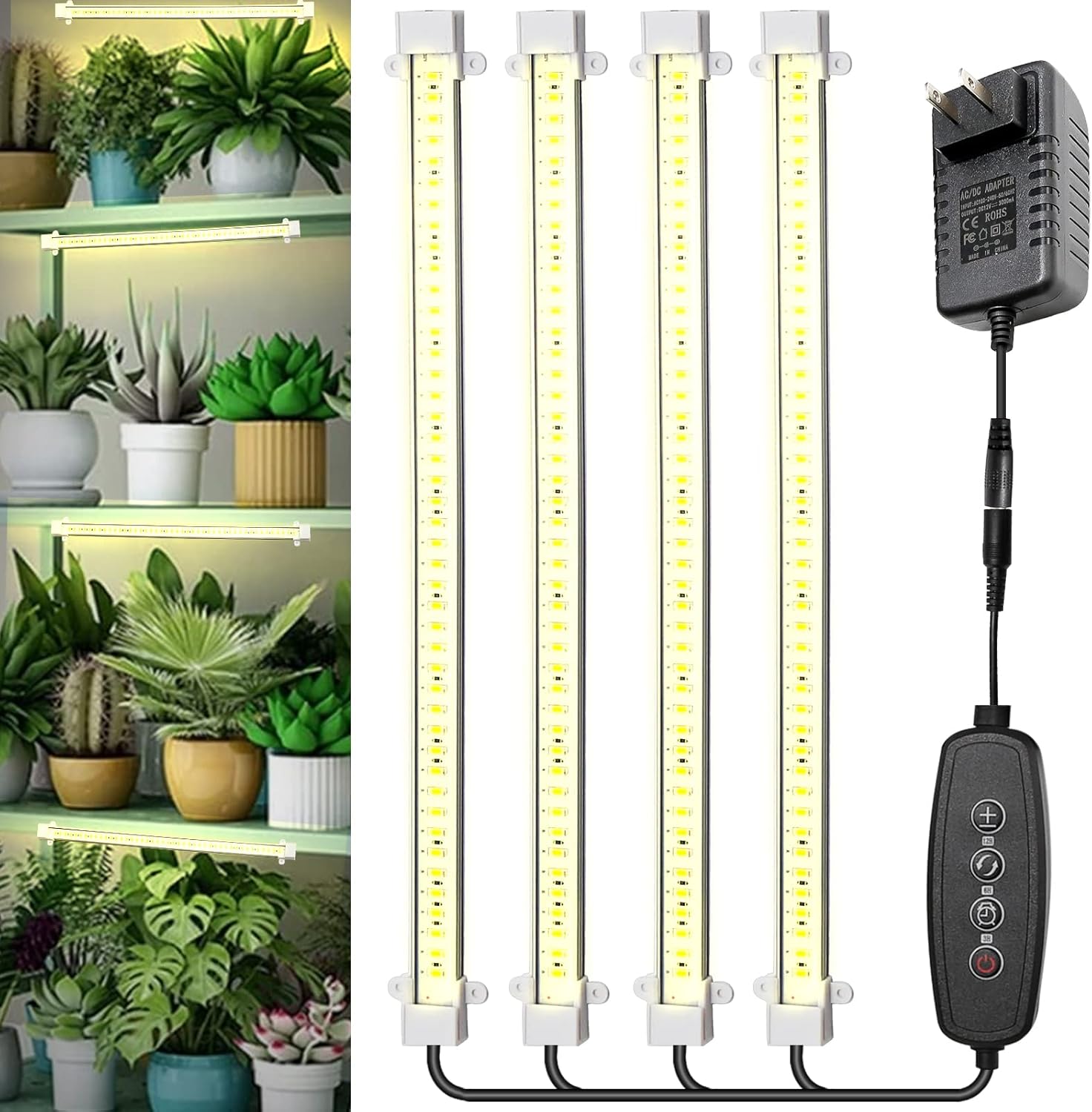 Paquete de 4 luces de cultivo para plantas de interior, tiras de luz LED DC12V, 432 luces LED de espectro completo con temporizador automático de