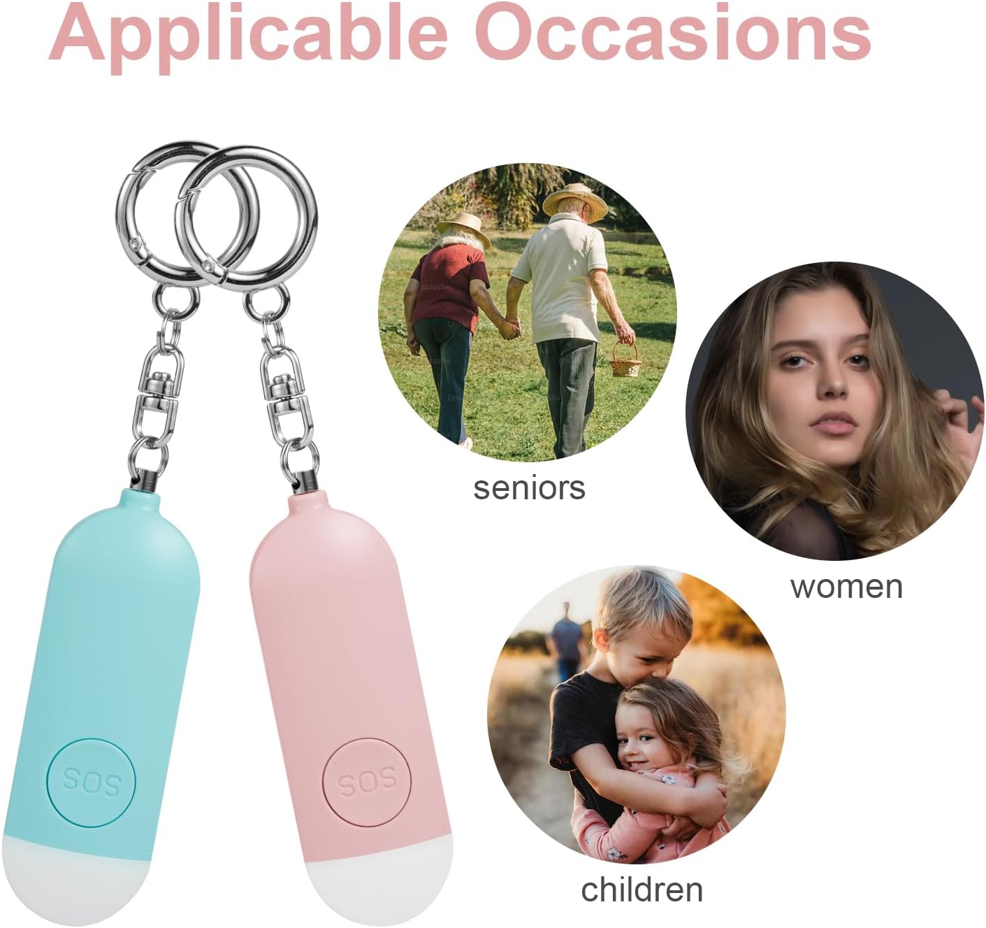 2 unidades de alarma personal recargable de seguridad para mujeres, viajan 130 dB en voz alta con botón SOS y luz estroboscópica, sonido de sirena