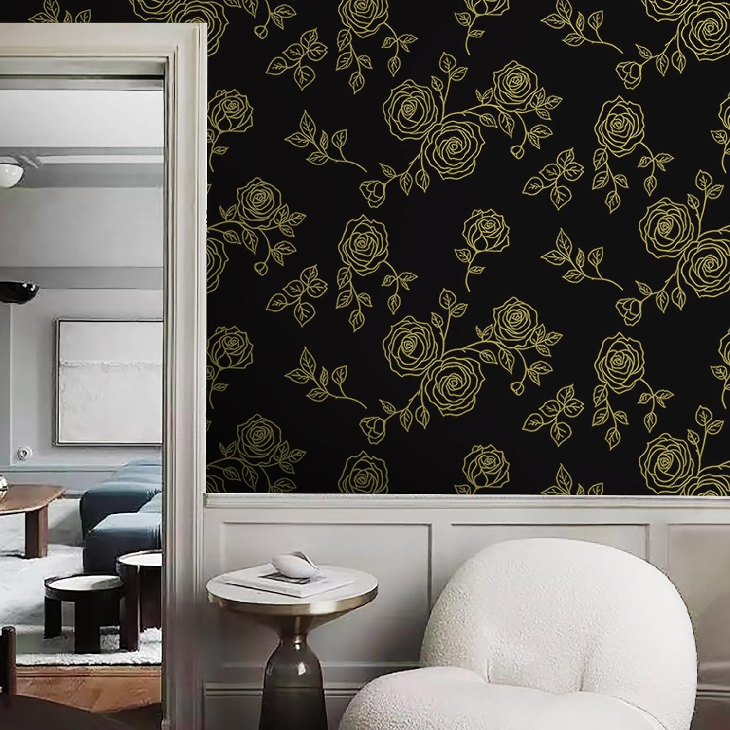 Yun-aeon Papel tapiz floral dorado y adhesivo de 17.3 x 300 pulgadas, papel de contacto moderno, geométrico, extraíble, autoadhesivo, para