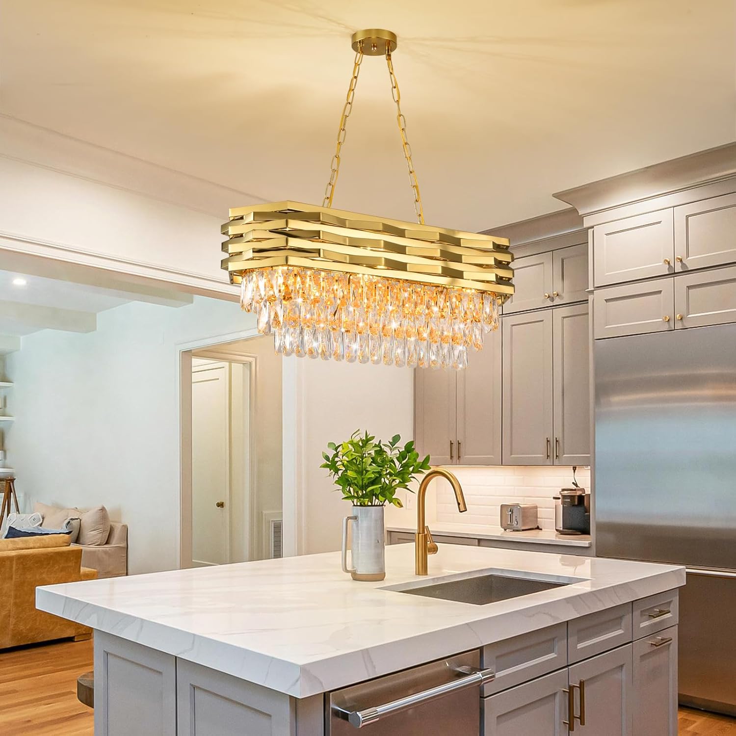 Gold Modern Crystal Chandeliers for Dining Room 8-Light Gold Chandelier Living Room Dining Room Chandelier Oval Ceiling Hanging Light Pendant Light