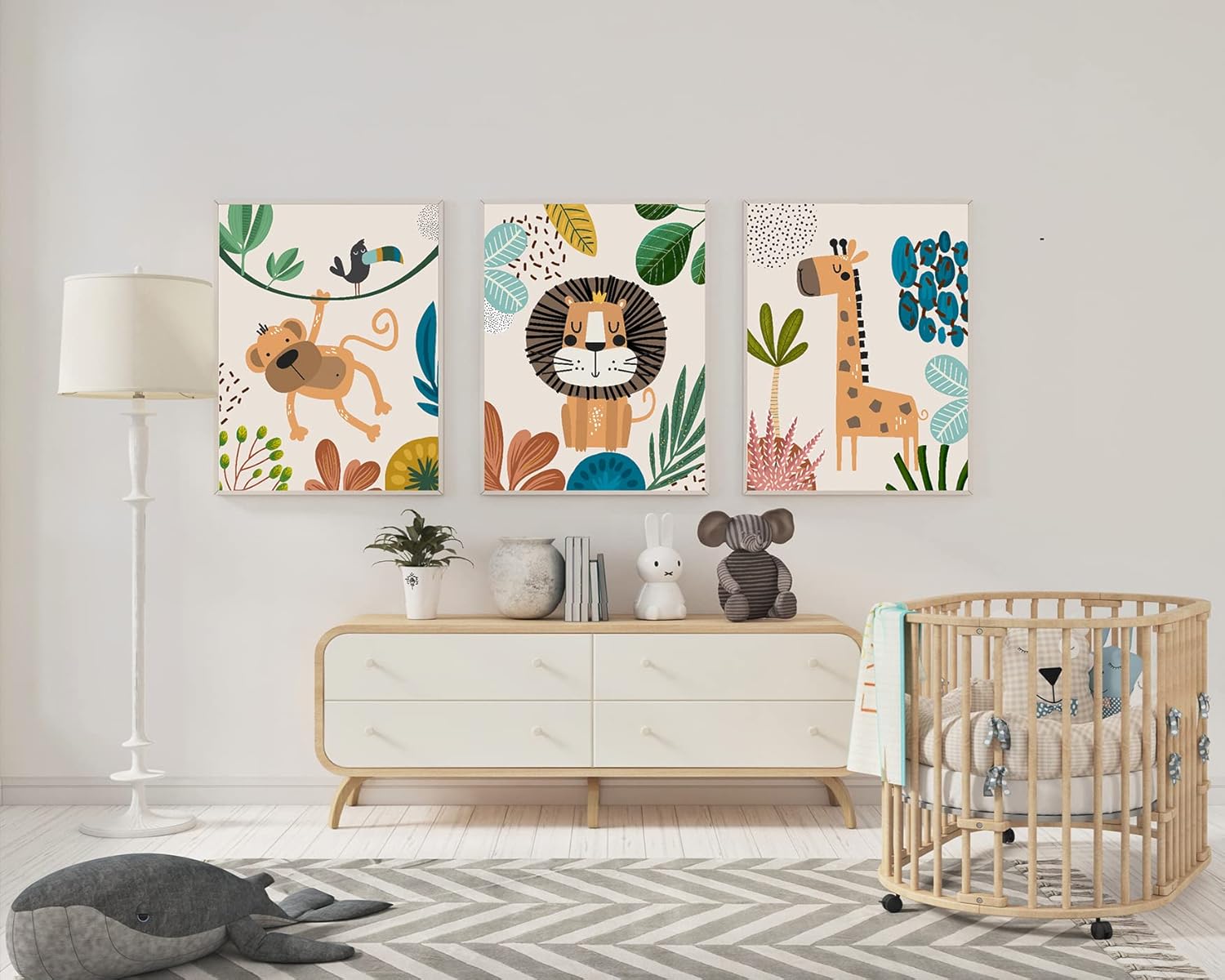 Juego de 3 decoración de pared para guardería, lindos animales, león, mono, jirafa, arte de pared, minimalista, bohemio, póster de safari de selva