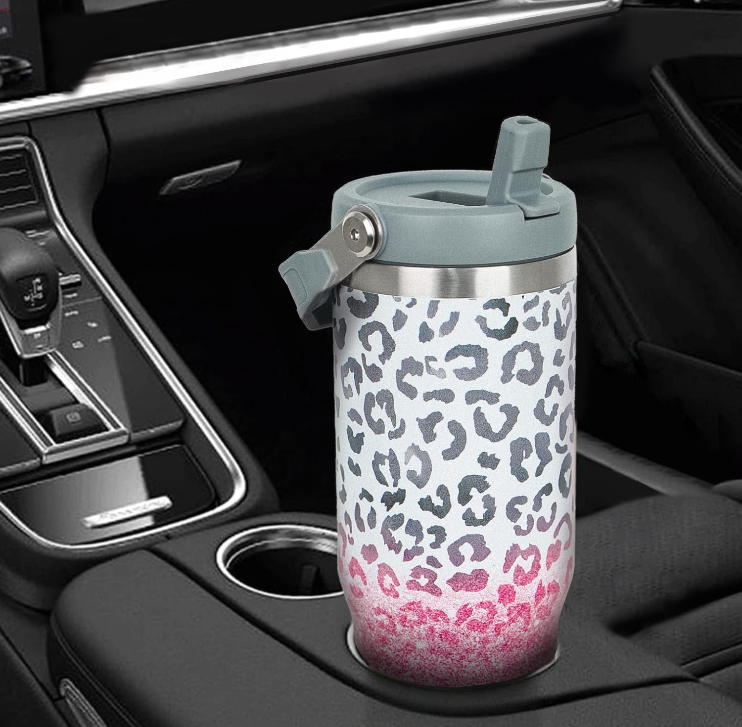 Rcvlauf Vaso con estampado de leopardo de 30 onzas con asa, popote abatible, taza de café con estampado de leopardo rosa, con asa, a prueba de