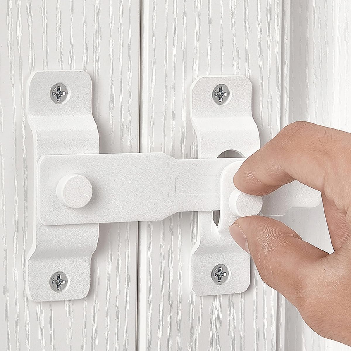 INIRET Paquete de 2 pestillos para puerta de granero, 4.33 x 3.23 pulgadas, acero inoxidable blanco mate, cerraduras de puerta abatible, cerradura