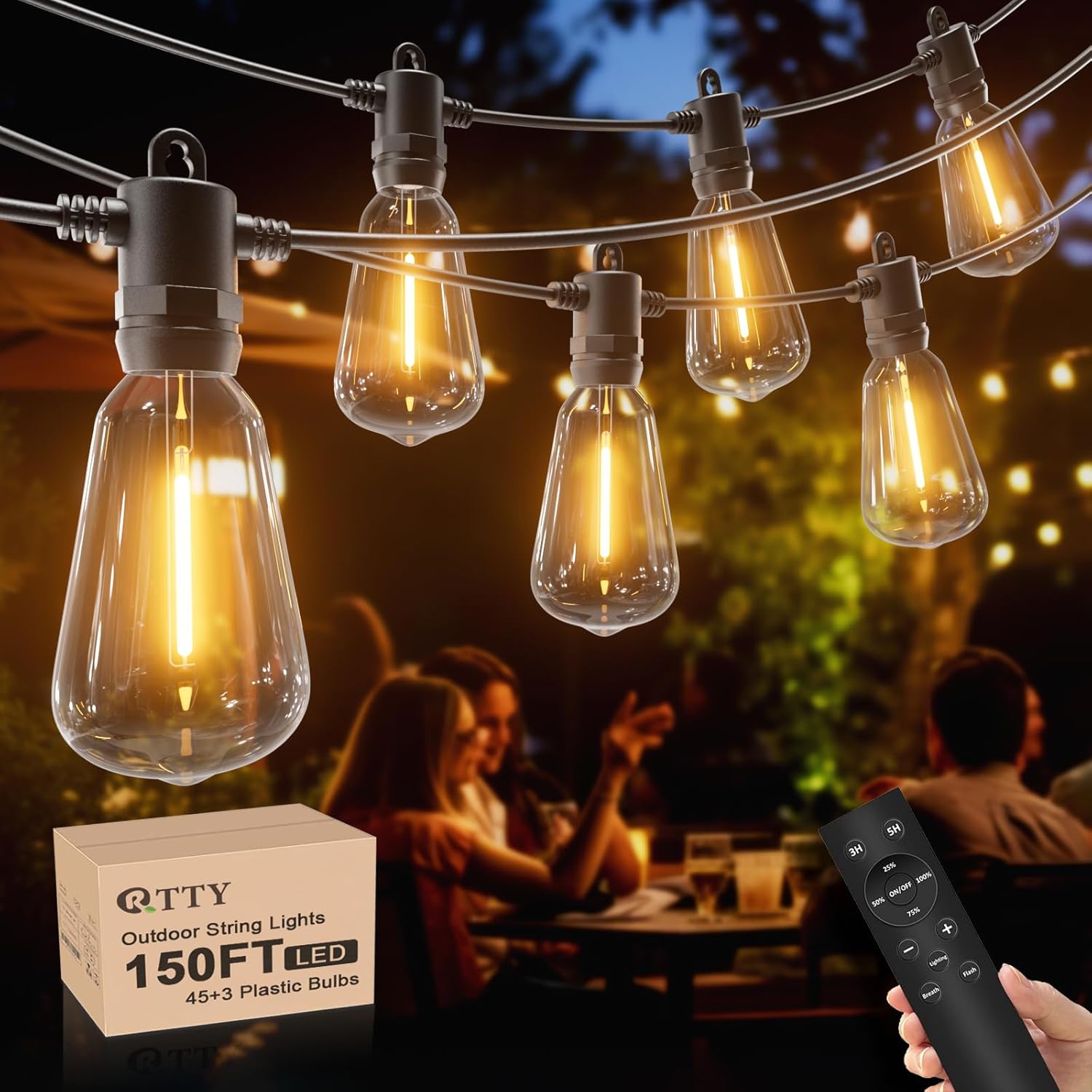 Guirnalda de luces para exteriores de 150 pies con control remoto, tira de luces LED para patio con bombillas ST38 vintage inastillables, IP65