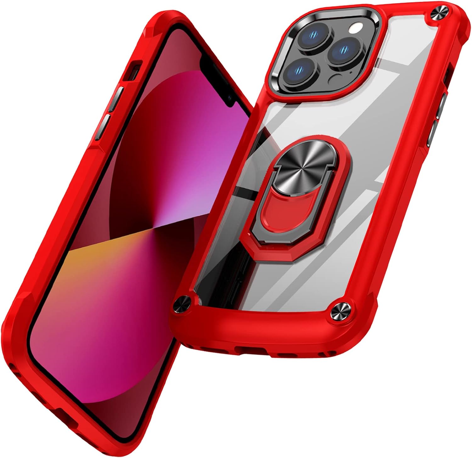 Funda para iPhone 13 Pro, placa trasera acrílica+TPU+diseño de agujero de cuerda, funda protectora para prevención de caídas, con anillo giratorio