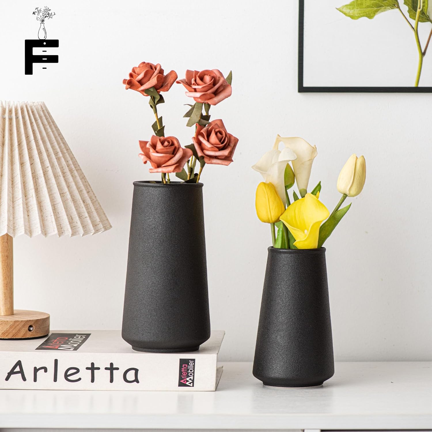 Juego de 2 floreros de cerámica  Jarrón grande y pequeño de arte moderno para decoración de centros de mesa, apto para flores frescas secas, sala de