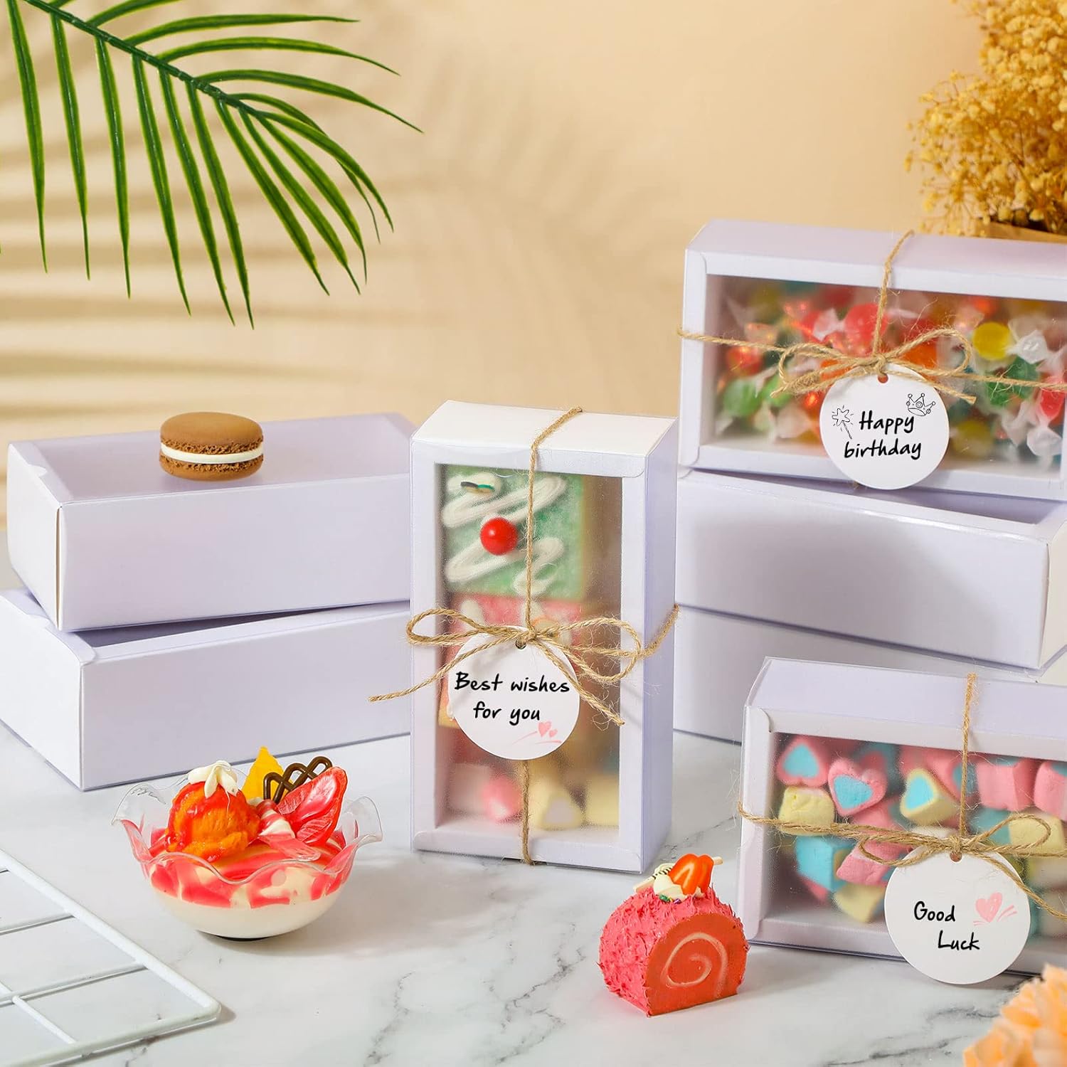 Roowest 50 juegos de cajas de regalo de estraza rectangulares de papel kraft con ventana, caja de jabón casera con etiquetas en blanco y cuerda de