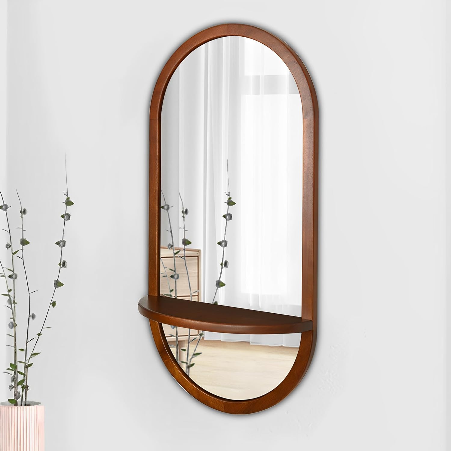Tanmicoshomy Espejo de pared cápsula con marco de madera con estante extraíble, espejo arqueado de 18 x 36 pulgadas para vidrio templado,