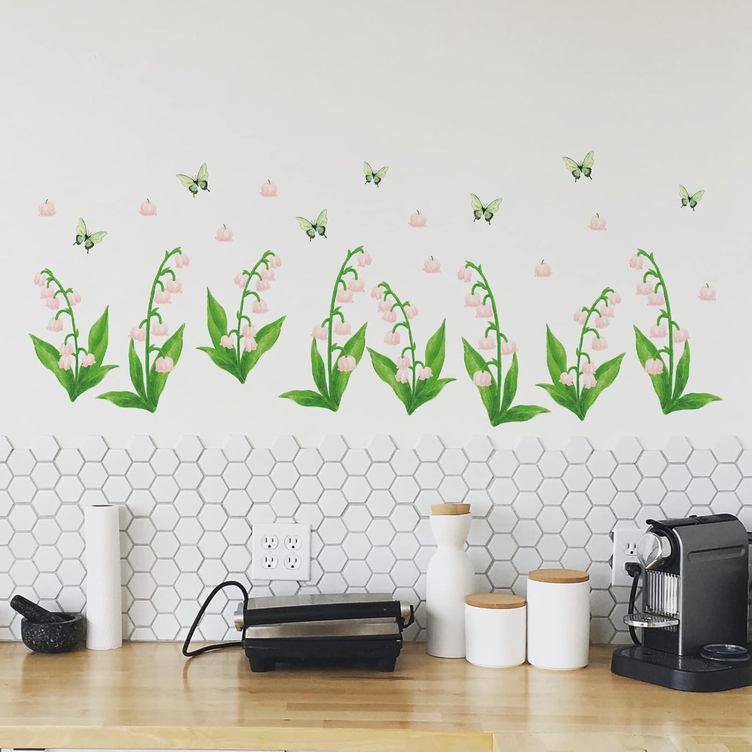 Calcomanías de pared de flores rosas y plantas verdes, calcomanías de pared de vinilo extraíble con mariposas para sala de estar, dormitorio,