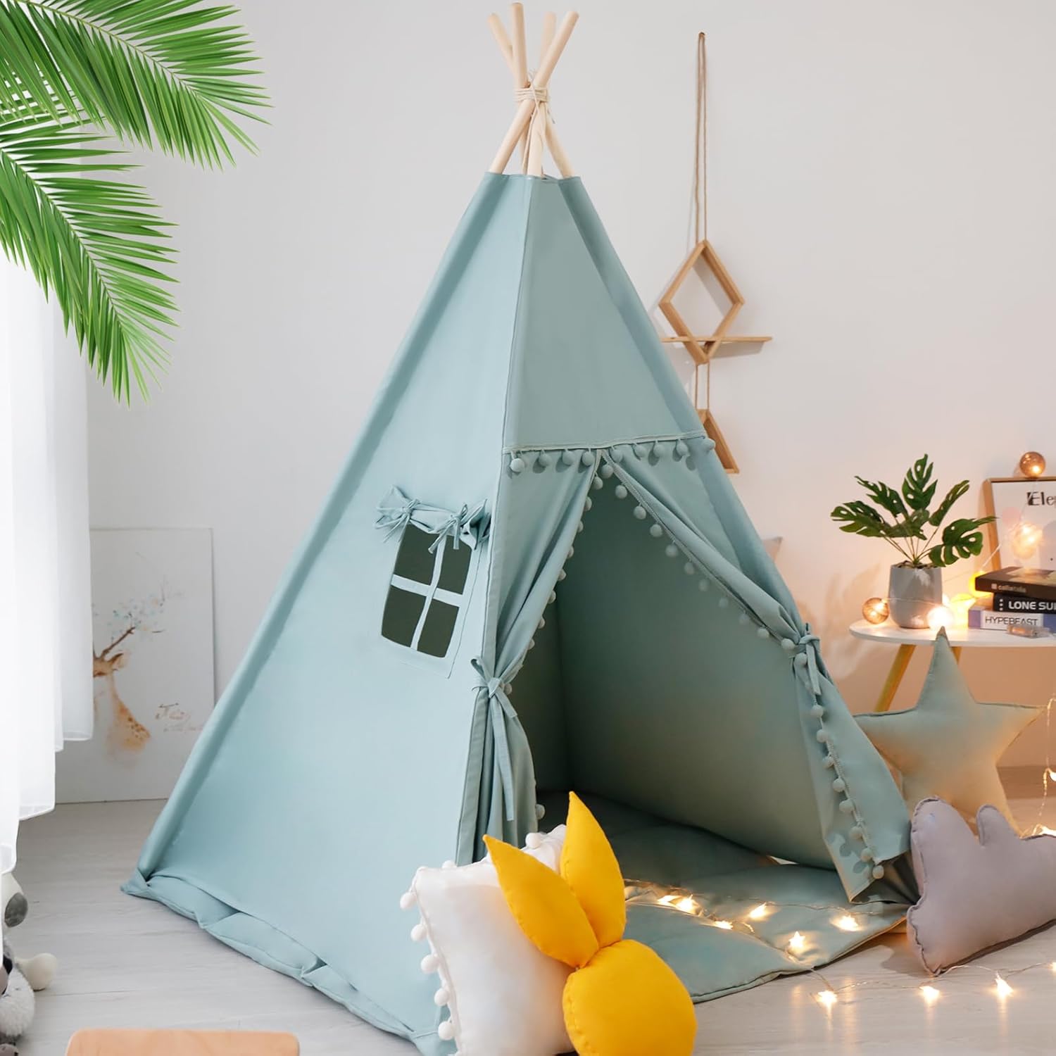 Tienda de campaña tipi para niños con alfombra, luces de estrella, funda de transporte, casa de juegos de lona de algodón, tiendas de campaña