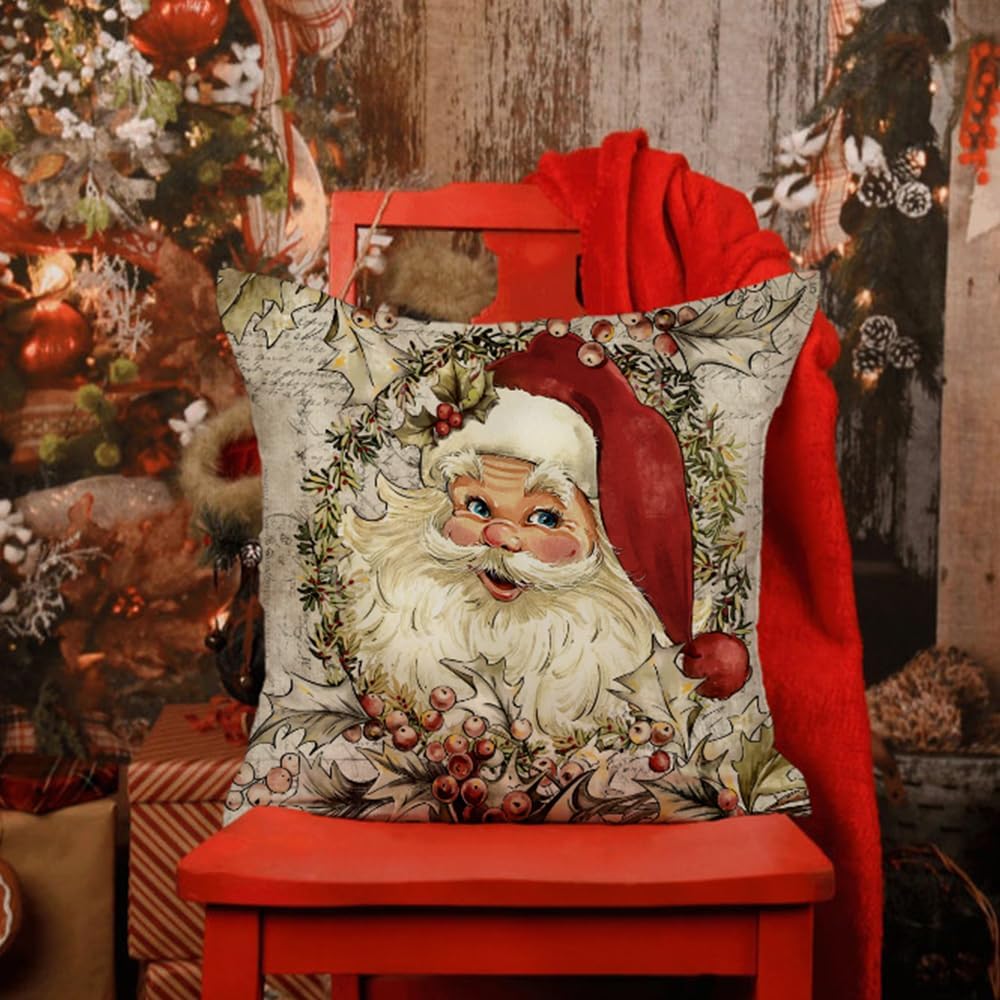 DFXSZ Juego de 4 fundas de almohada de Navidad de 20 x 20 pulgadas, diseño de reno, muñeco de nieve de Papá Noel, diseño vintage, decoración retro
