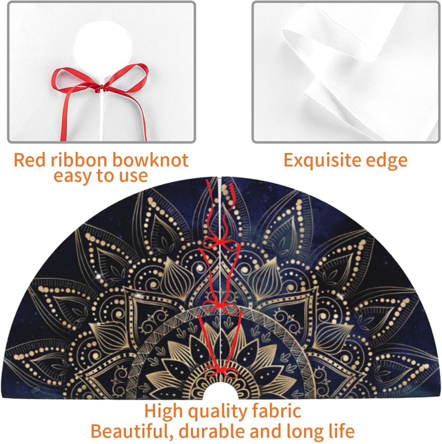 Tapete grande para falda de árbol de Navidad con elegante patrón de mandala dorado y galaxia azul, alfombra tradicional para árbol de Navidad,