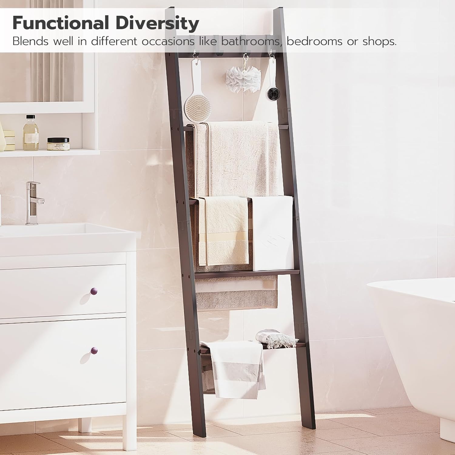 Escalera para manta para sala de estar y dormitorio, toallero de pared de 5 niveles para baño, estante decorativo de escalera con 4 ganchos