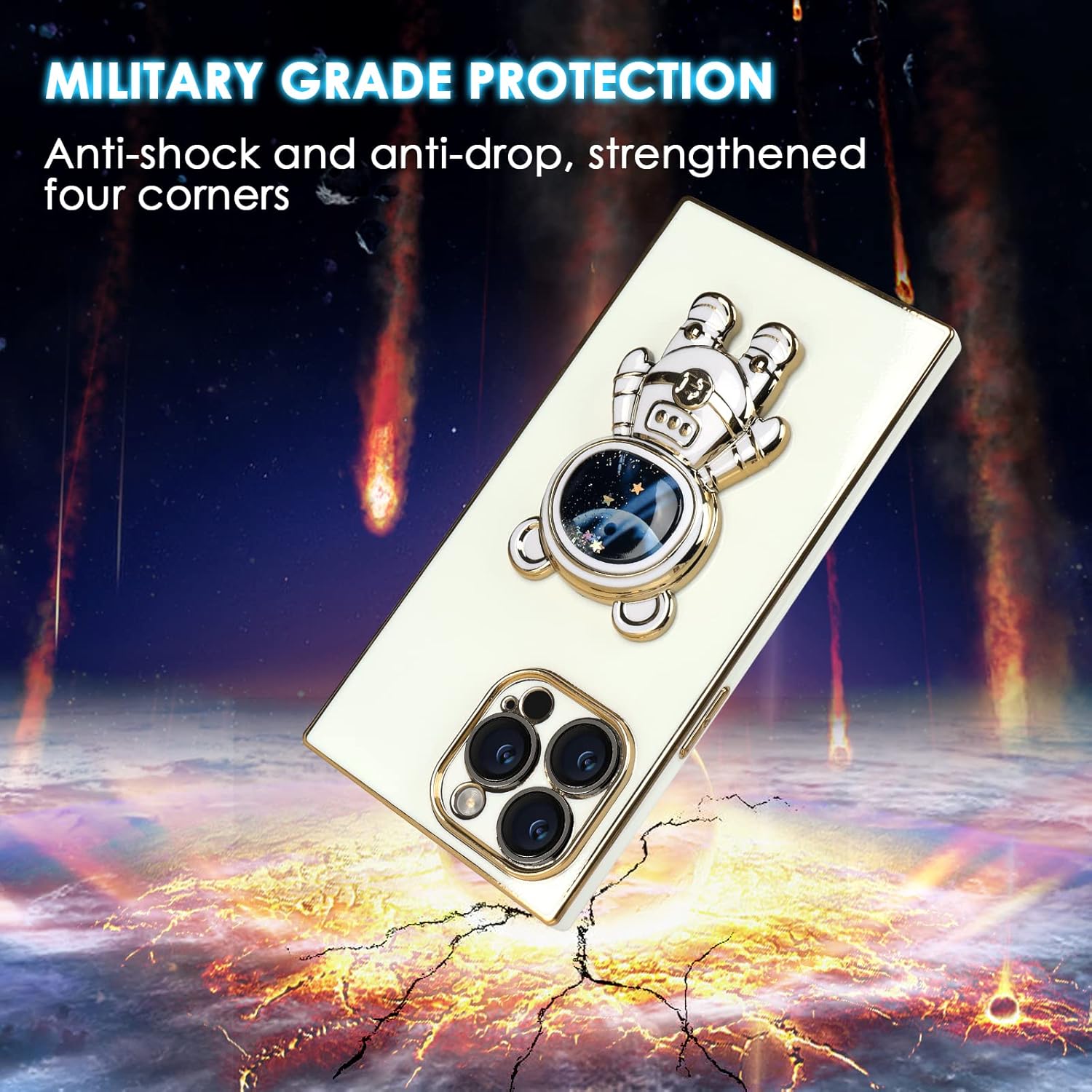 Omio – Funda cuadrada compatible con iPhone 15 Pro Max con soporte oculto de astronauta, funda de lujo chapada en corazón para mujeres y niñas,