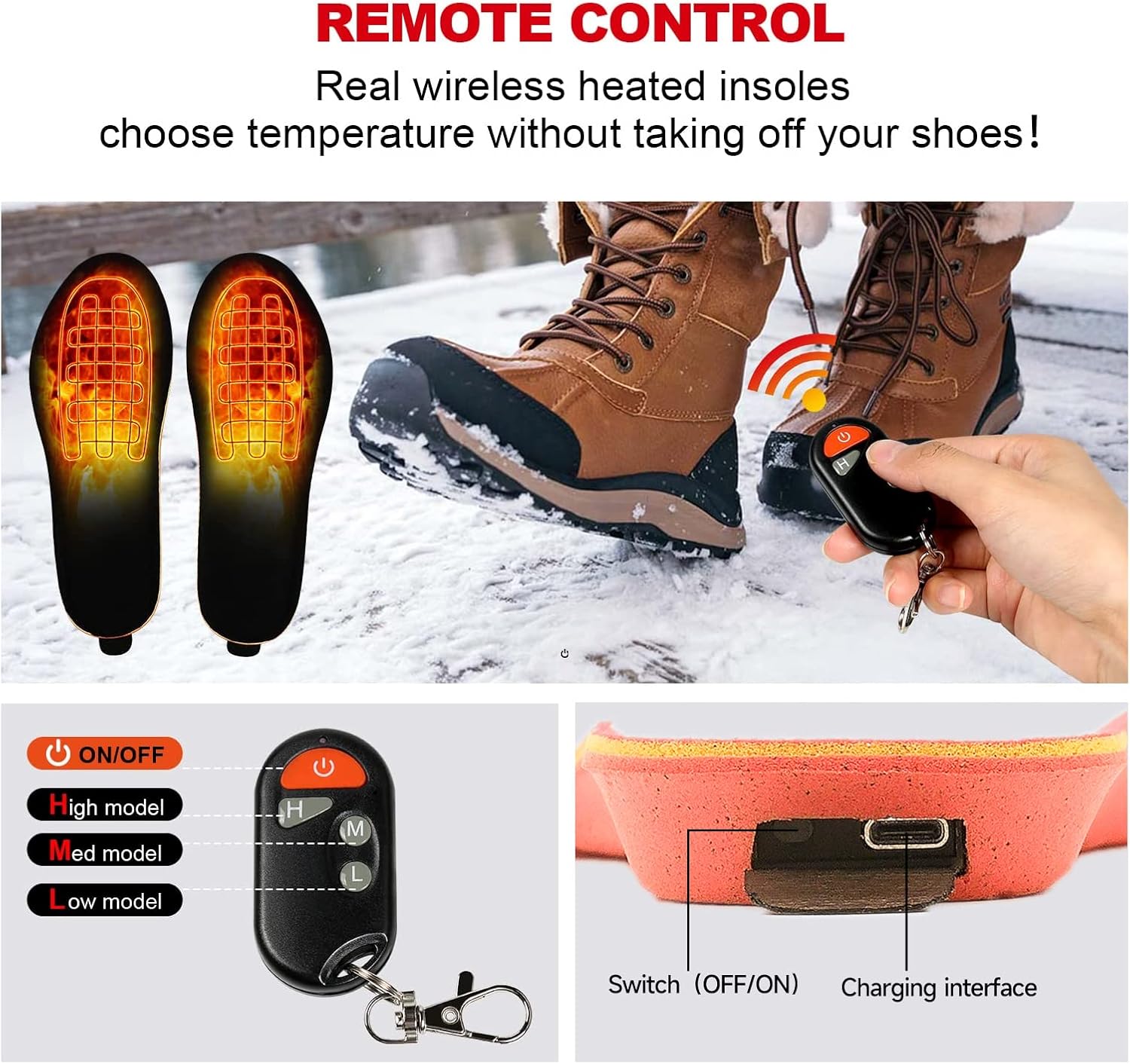 Plantillas calefactables con control remoto recargables Eletric zapatos calefactables insertos para mujeres y hombres, calentador de pies