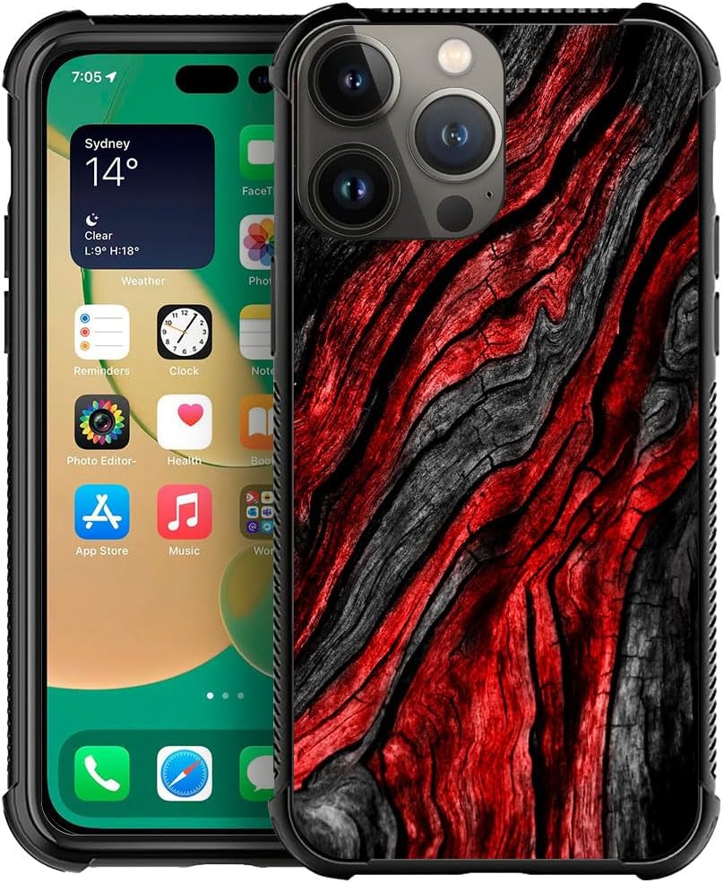 CARLOCA Funda compatible con iPhone 15 Pro, 1 funda con patrón de grano de madera negra y roja para iPhone 15 Pro, ultra protección, a prueba de