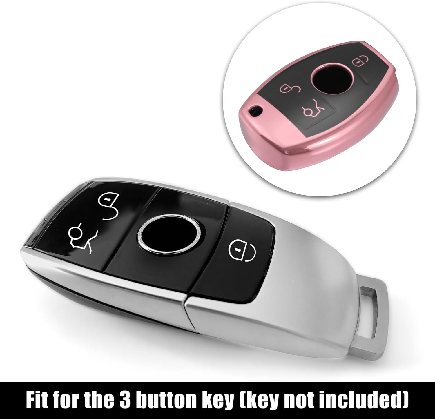 X AUTOHAUX Funda para llavero de automóvil con 3 botones y llavero rosa para Mercedes Benz C E S M CLS CLK G