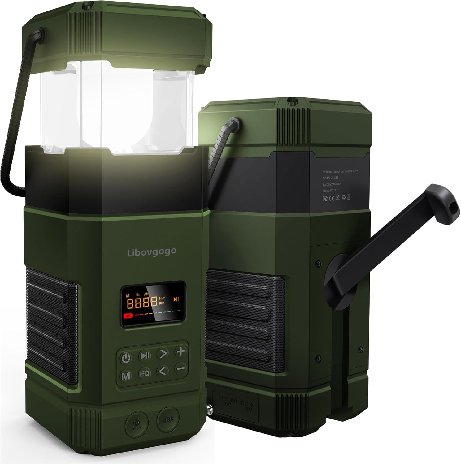 Libovgogo DF-585 – Linterna LED de emergencia para acampar, altavoz Bluetooth estéreo impermeable IPX5, radio de alerta meteorológica NOAA con