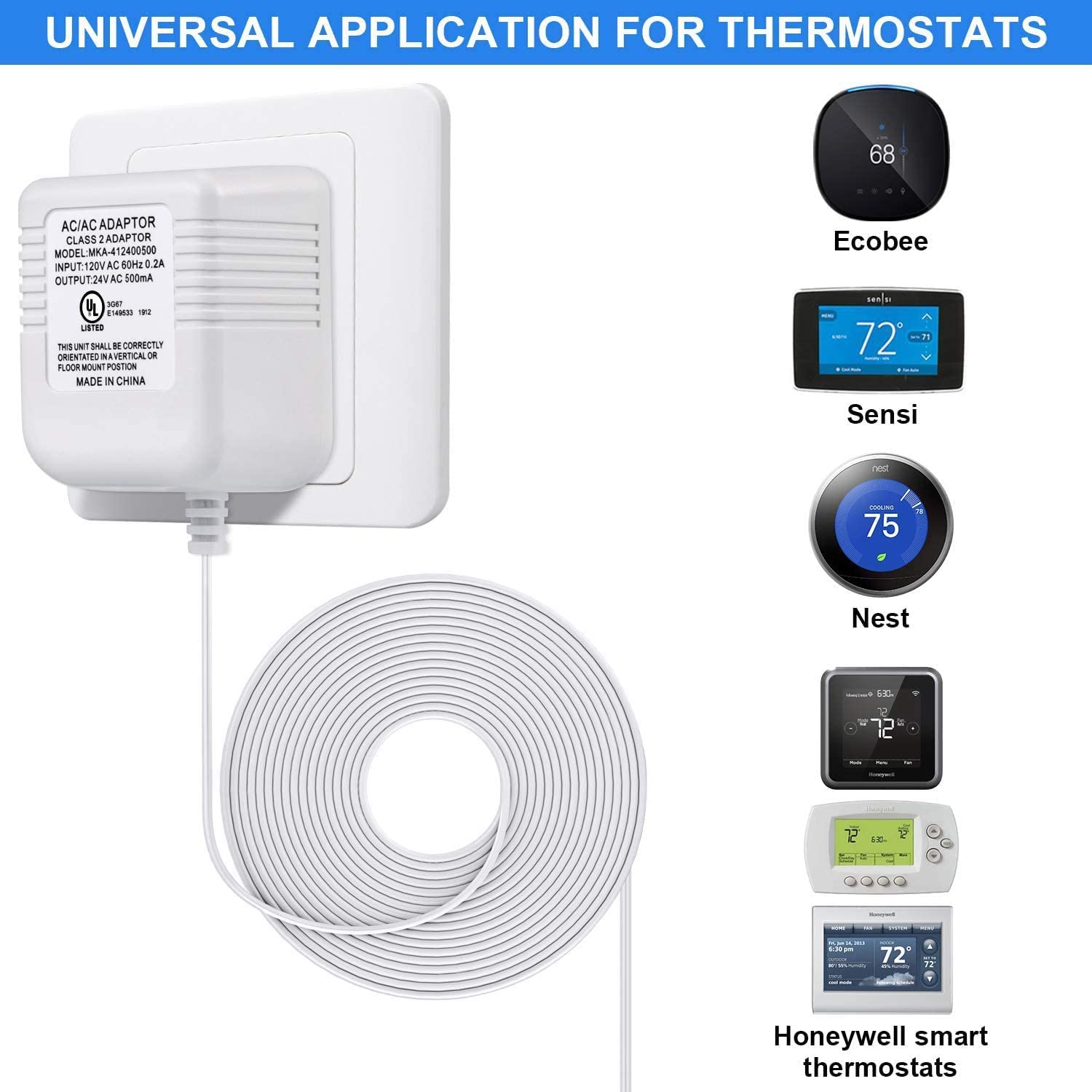 Paquete de 2 adaptadores de cable C transformador de 24 voltios compatible con Nest Honeywell Ecobee (blanco)