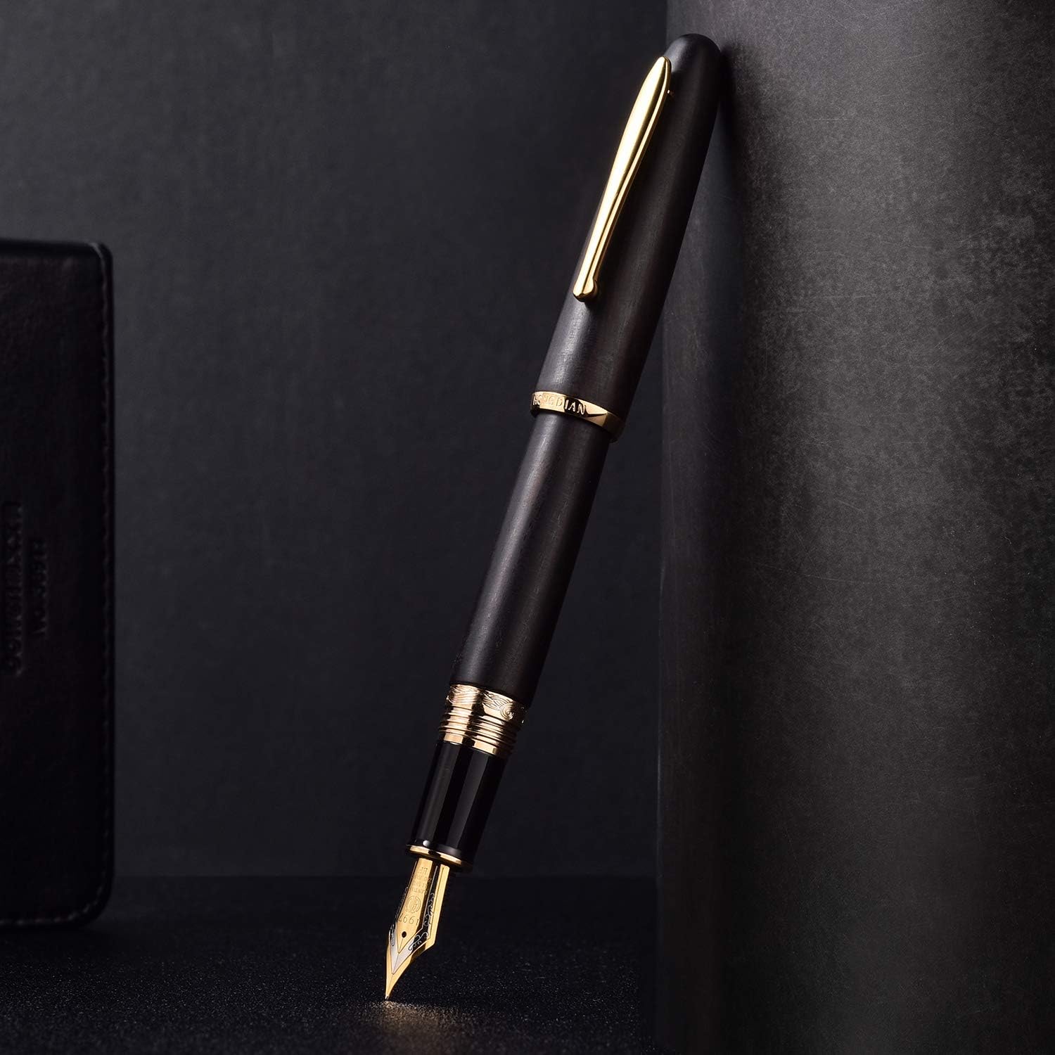 HongDian 660 pluma estilográfica de madera de ébano natural, pluma de escritura fina de iridio con estuche de metal
