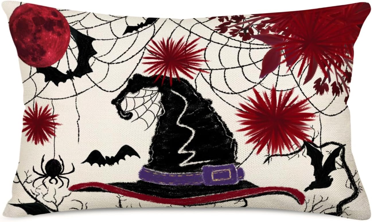 Fundas de almohada con sombrero de bruja de Halloween de 12 x 20 pulgadas, diseño floral rojo y negro, tela de araña, decoración de Halloween,