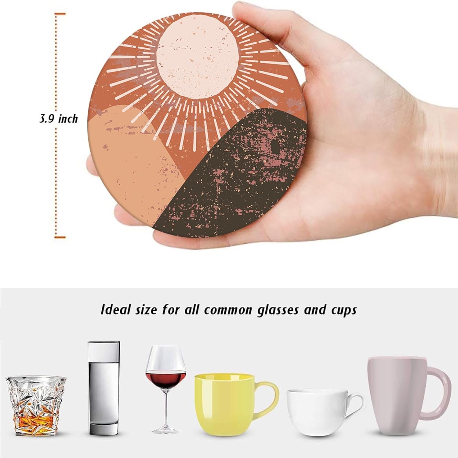 Juego de 6 posavasos para bebidas, juego de 6, tapete redondo de piedra de cerámica absorbente de terracota naranja quemado, con base de corcho y