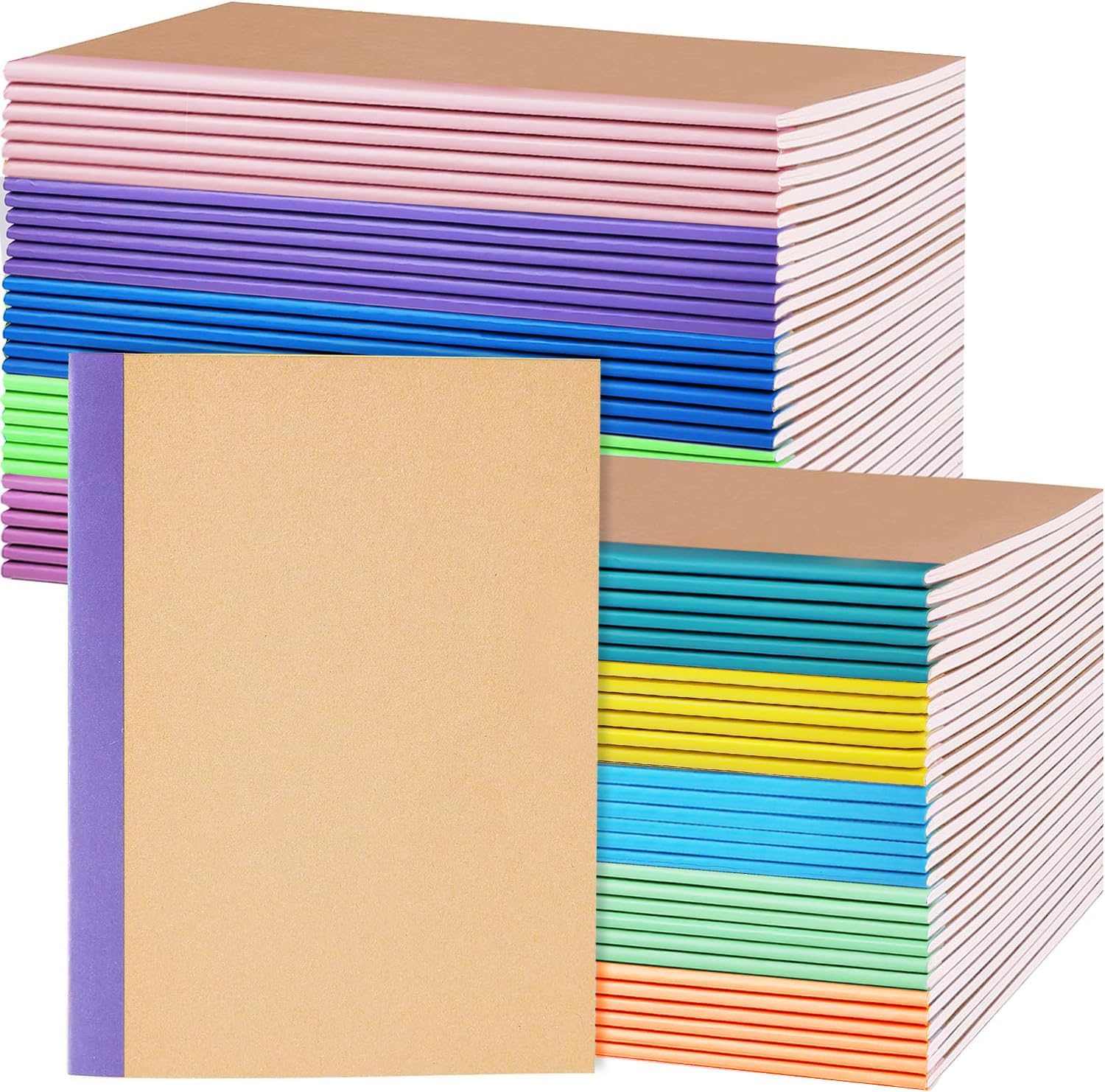 Nanajorwa Paquete de 100 mini cuadernos A5 con rayas coloridas a granel, tapa suave, composición, bloc de notas para niñas, estudiantes, viajeros,