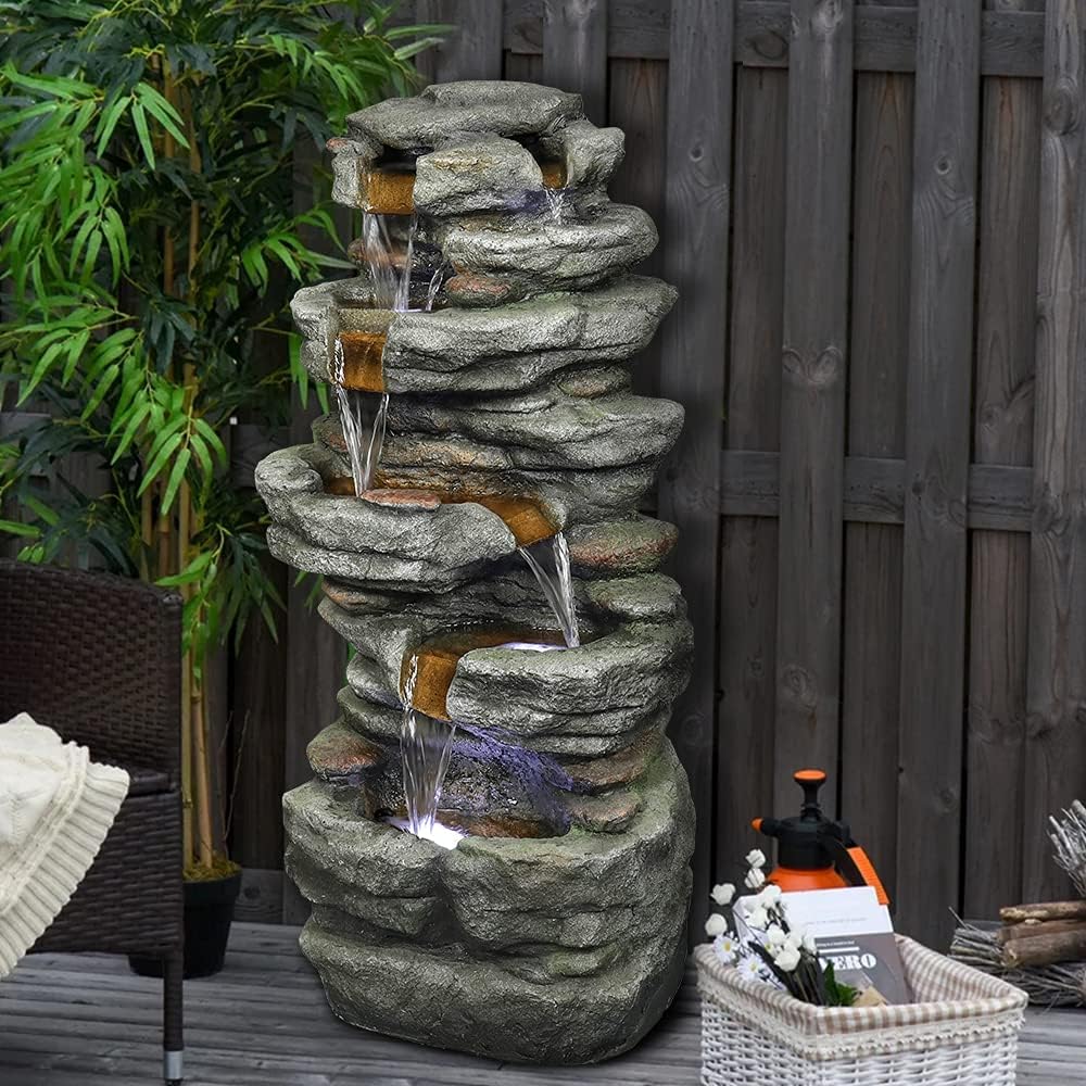 Naturefalls Fuente de agua de roca de 32.6 pulgadas con luces LED, fuente de agua de poliresina de 6 niveles para exteriores, características de