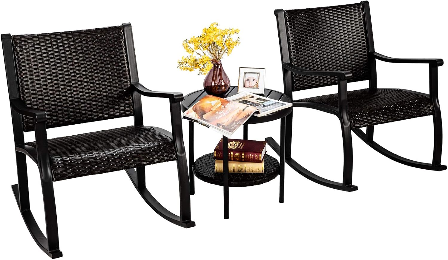 COSTWAY Juego de 3 sillas mecedoras de ratán para patio, mesa de café, estante de almacenamiento