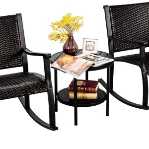 COSTWAY Juego de 3 sillas mecedoras de ratán para patio, mesa de café, estante de almacenamiento COSTWAY Juego de 3 sillas mecedoras de ratán para patio, mesa de café, estante de almacenamiento