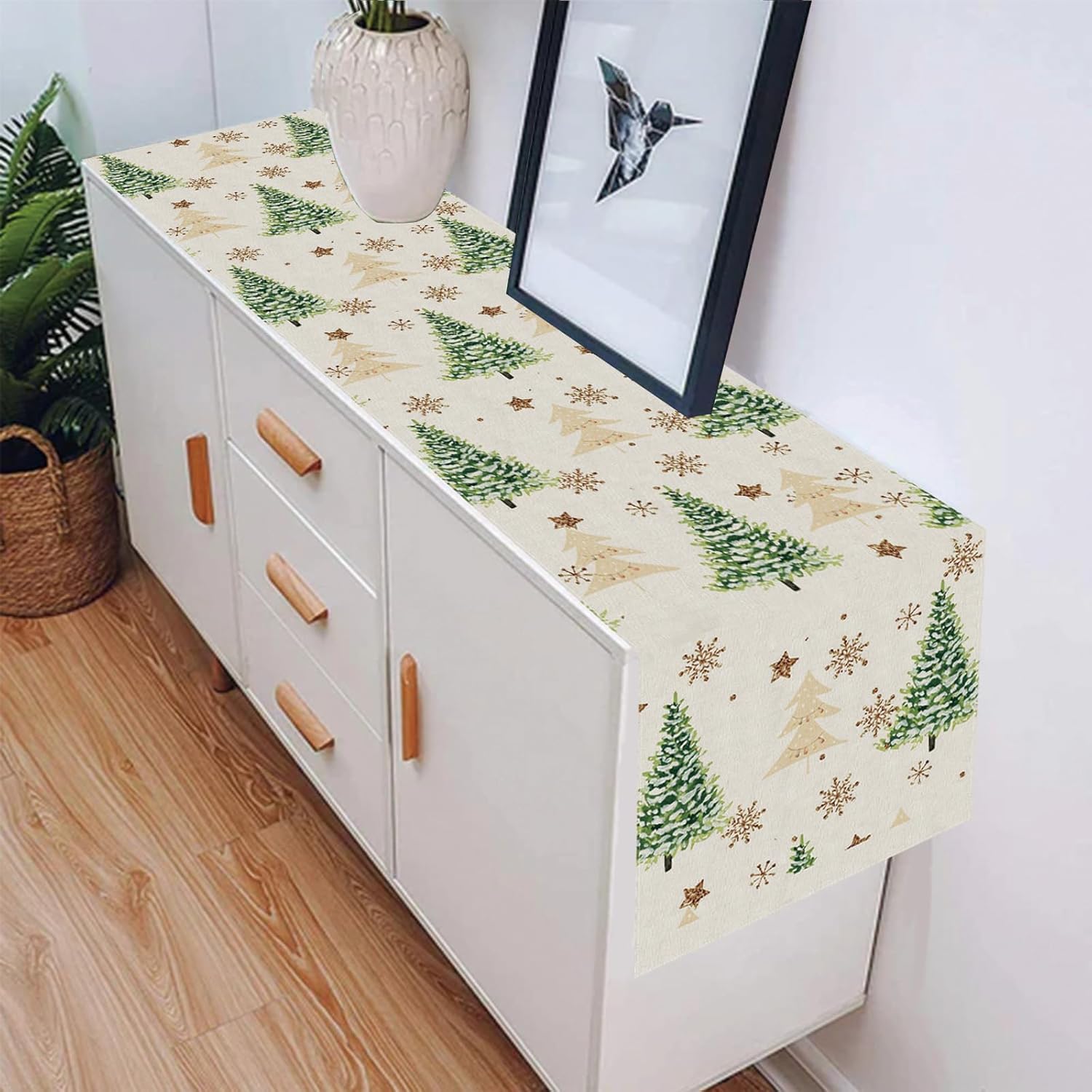 Camino de mesa para árbol de Navidad, color dorado, blanco y verde, 72 pulgadas de largo, decoración de interiores