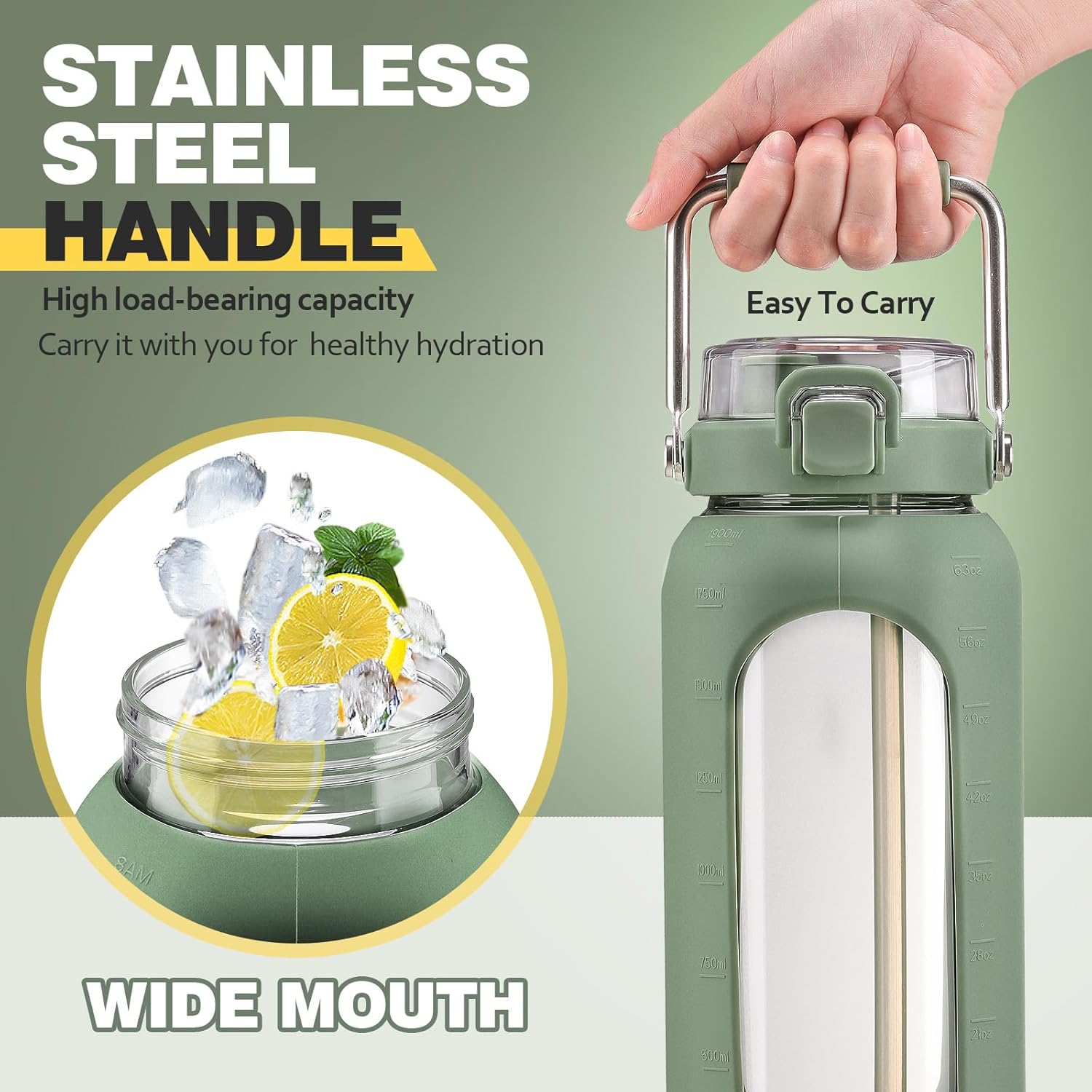 Botella de agua de vidrio de 64 onzas, botella de agua potable de vidrio con popote y mango de acero inoxidable, botella de agua motivacional de