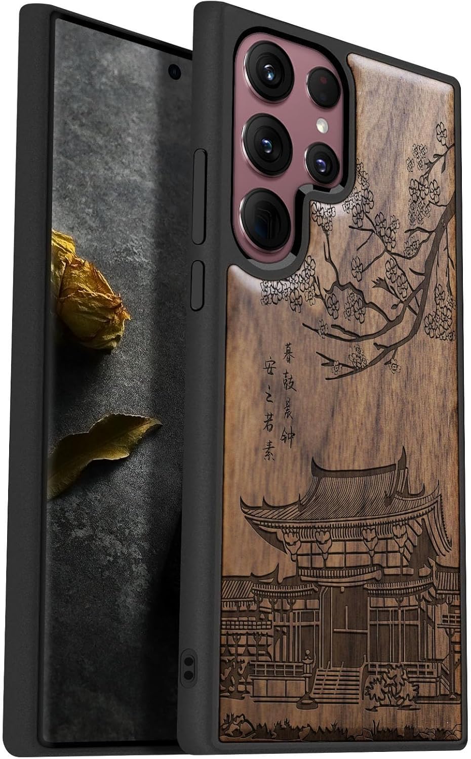 Carveit Funda de madera para Galaxy S22 Ultra 2022 madera natural y TPU suave negro a prueba de golpes, funda de madera única compatible con Samsung