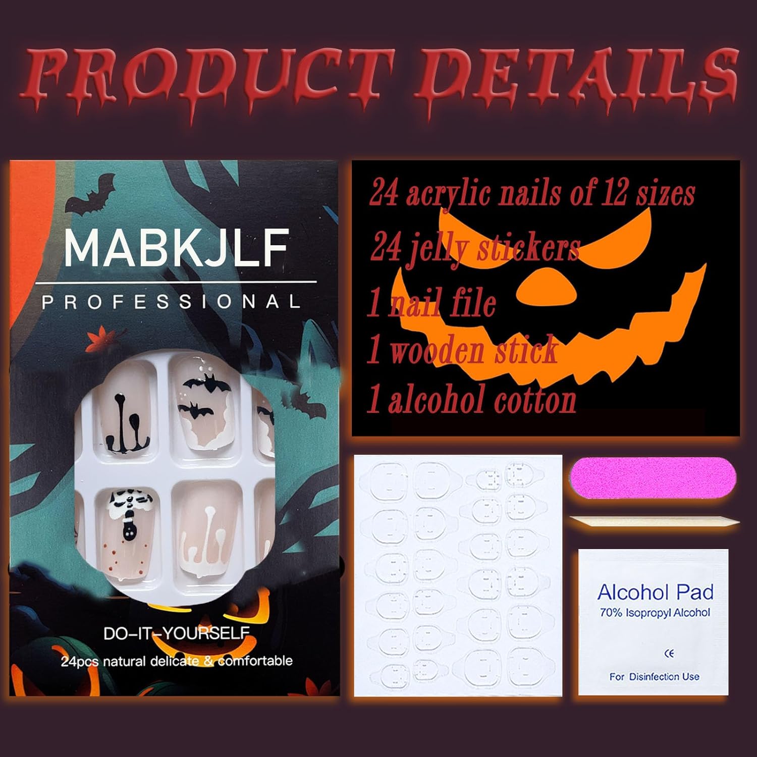 Uñas postizas a presión para Halloween, uñas postizas cuadradas cortas con punta francesa, color nude, cobertura completa, murciélagos fantasmas,