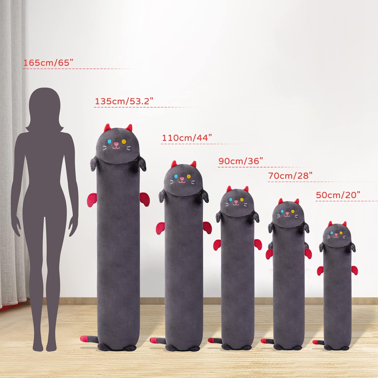 Almohada larga de felpa con forma de gato, 36 pulgadas, lindo gato negro de peluche kawaii, peluche suave, almohada de peluche de gatito, juguete de