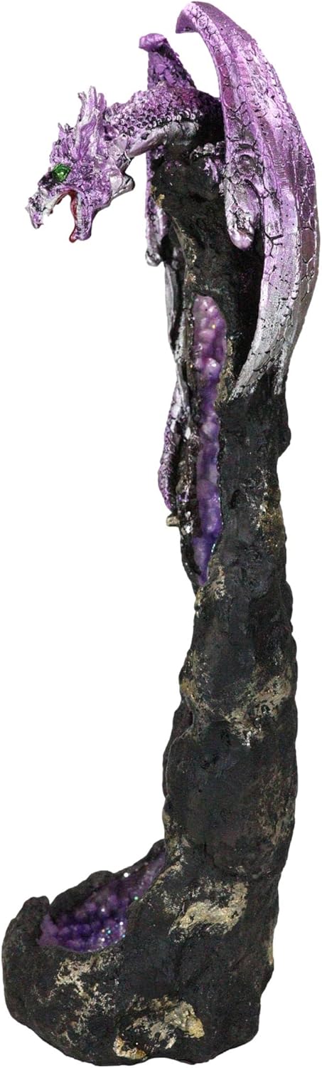 Ebros Gift Quartcita Elemental Dragon Guarding Faux Geoda Cuarzo Cristal Quarry Rock Pilar Incienso Soporte Figurita Fantasía Mítico Calabozos y