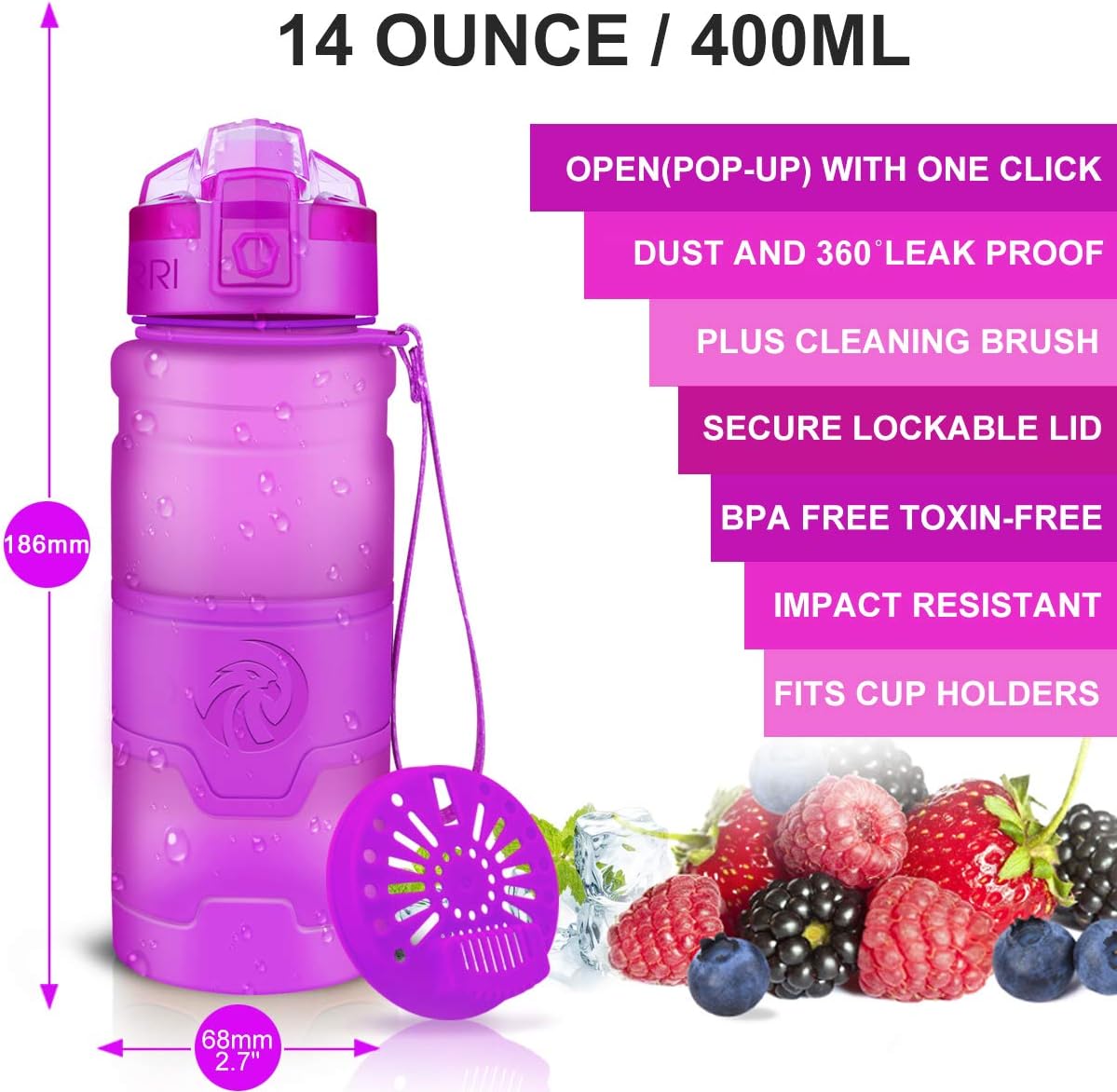 Botella de agua deportiva Zorri, 13.5, 17, 23.6 onzas, sin BPA, a prueba de fugas, ligera, para exteriores, campamento, ciclismo, fitness, gimnasio,