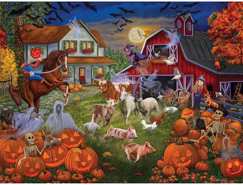 Bits and Pieces – Rompecabezas de 300 piezas para adultos de 18 x 24 pulgadas – Barnyard encantado – 300 piezas de Halloween, calabaza, granja,
