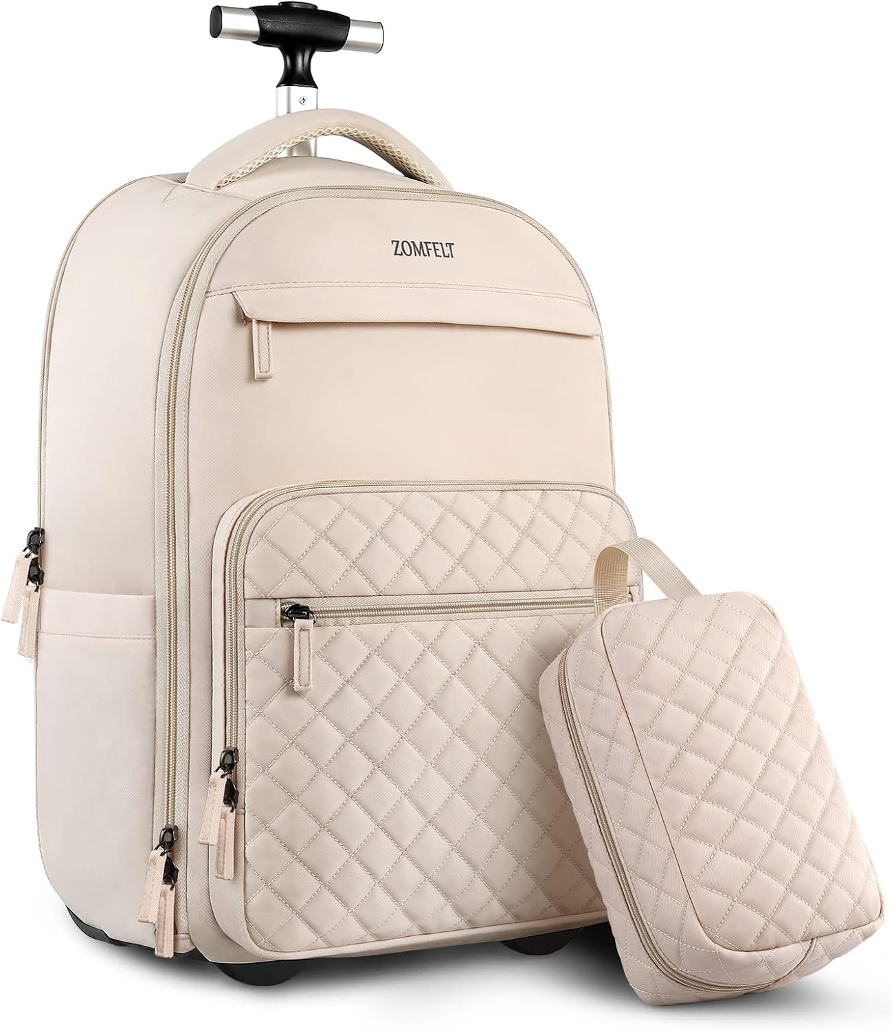 ZOMFELT Mochila con ruedas para mujer, mochila de viaje con ruedas, mochila para laptop de 17 pulgadas con bolsa de aseo, mochila de mano con ruedas