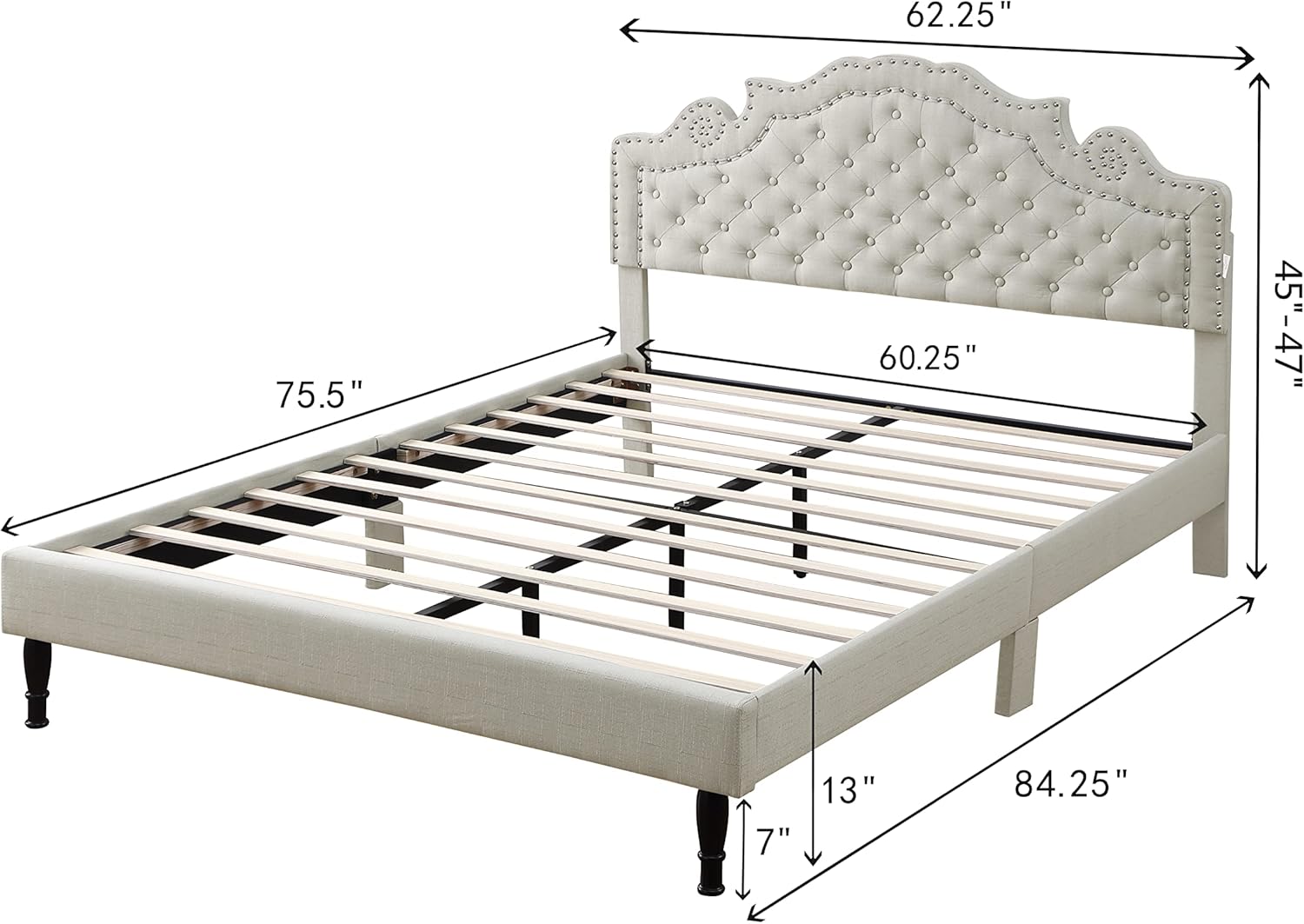 Base de cama de plataforma tapizada tamaño Queen con cabecero ajustable de 47 pulgadas de alto, cama de lino copetuda con botones, soporte de