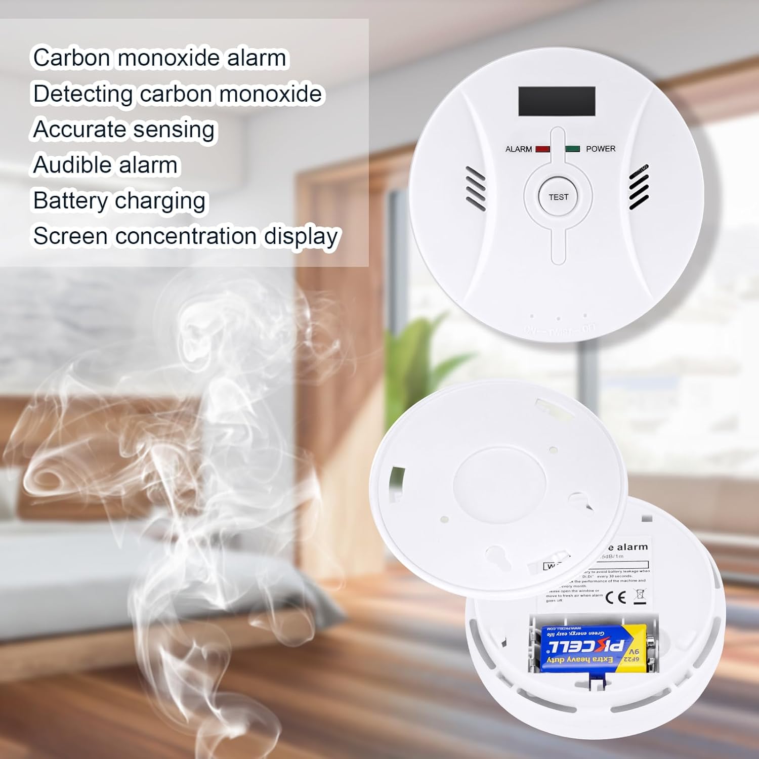Detectores de CO y humo 2 en 1, detector de monóxido de carbono, con batería de 9V, pantalla digital, detector de humo, detector de monóxido de