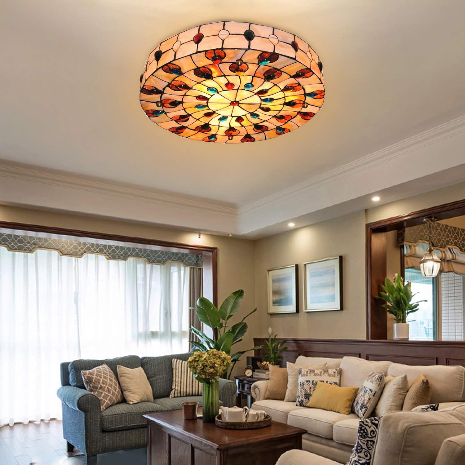 TFCFL Lámpara de techo barroca Tiffany de 20 pulgadas, lámpara de techo con gemas de vitral, lámpara de techo de 3 luces estilo vintage para