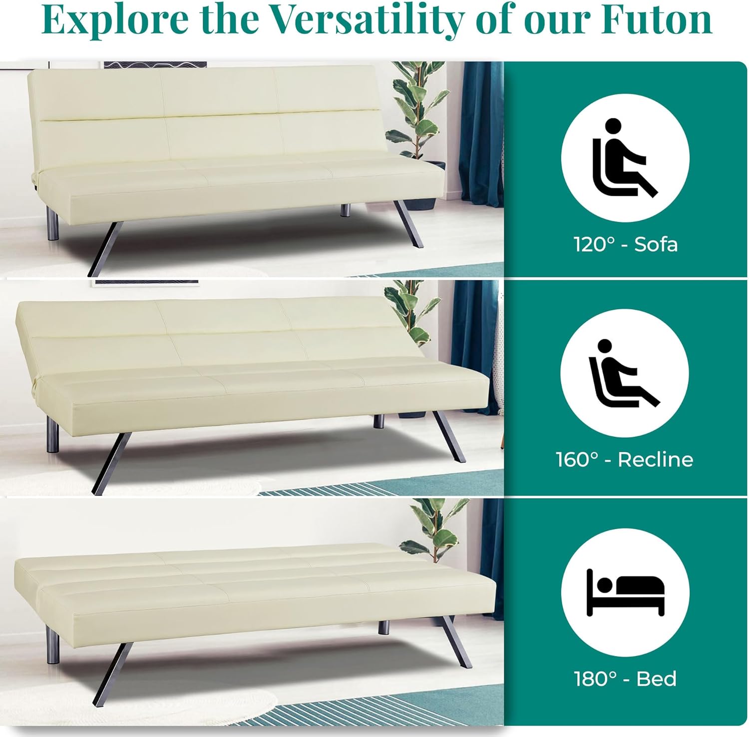 Naomi Home Sofá futón de piel sintética, moderno sofá cama plegable convertible con patas cromadas, mini sofá reclinable, futón de cuero pequeño
