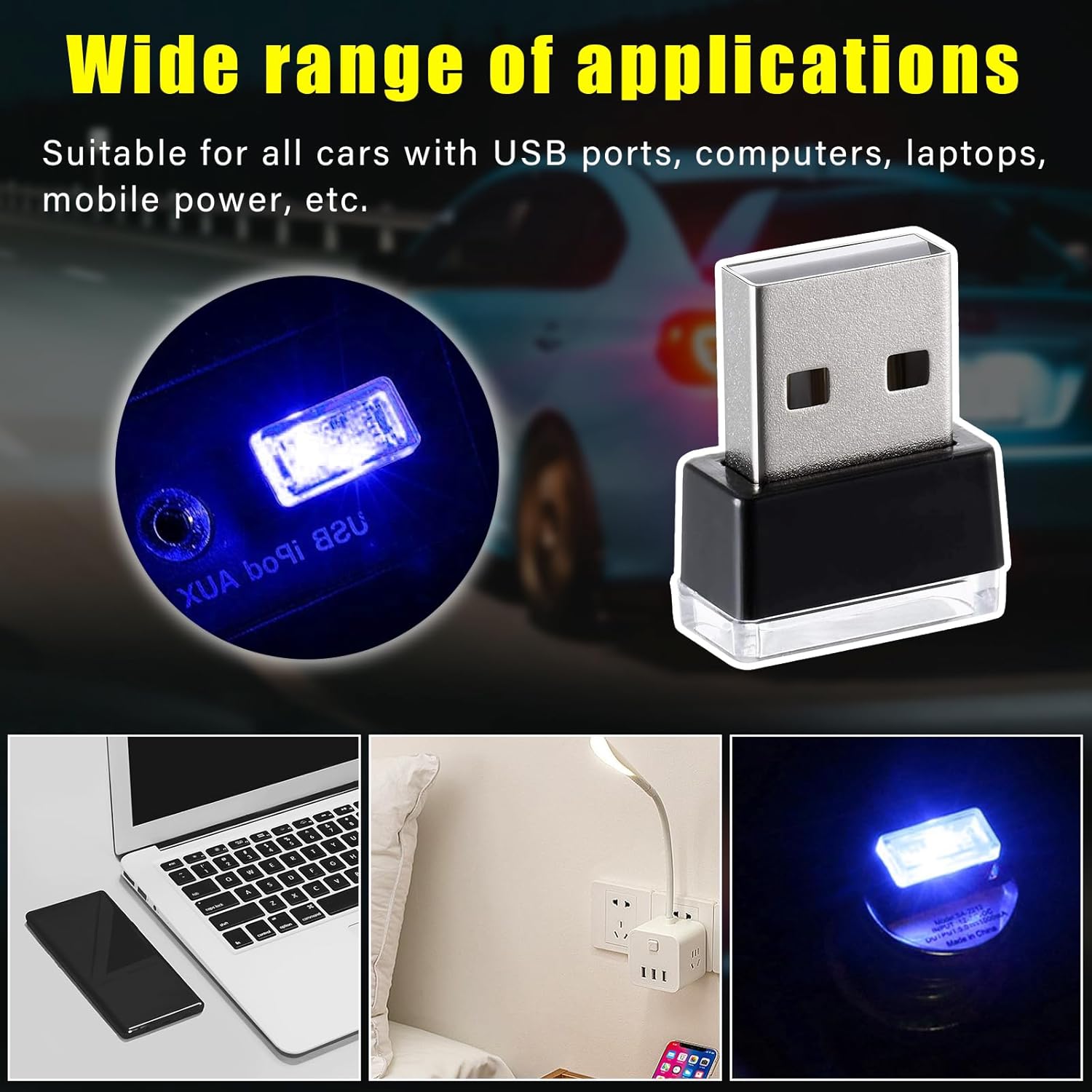 4 lámparas LED USB para el interior del automóvil, luz nocturna de decoración USB enchufable, kit de iluminación ambiental portátil para automóvil,