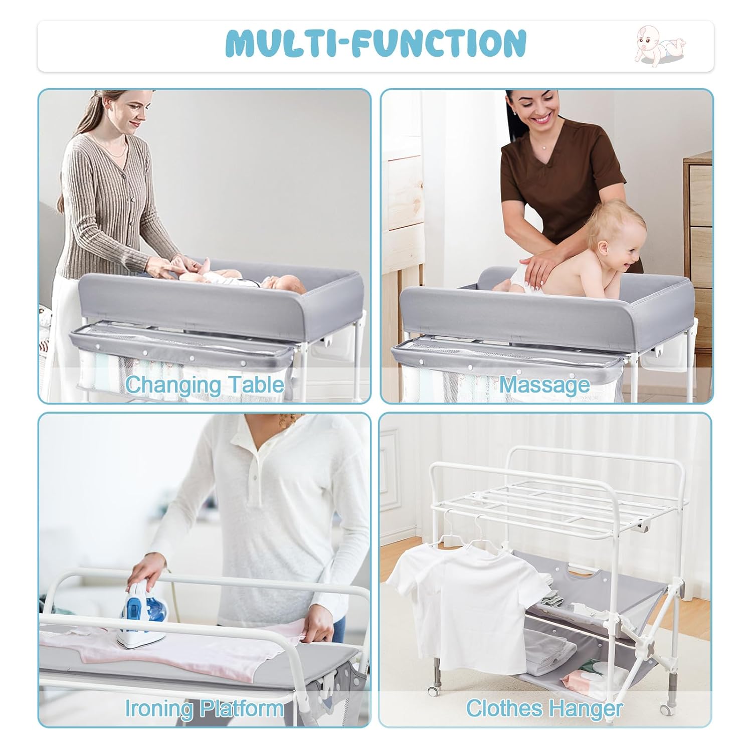 Cambiador portátil para bebé, mesa de cambio de pañales plegable con ruedas, altura ajustable, cubo de limpieza, cambiador para bebé, organizador de