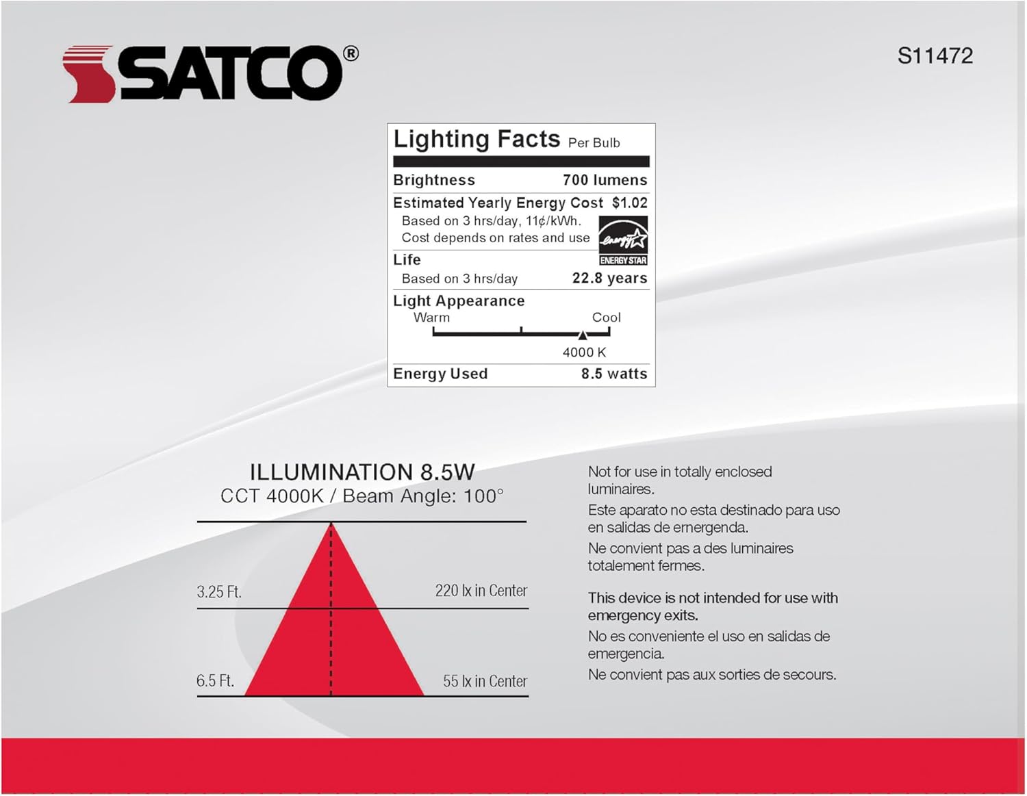 Satco S11472 Lámparas reflectoras LED BR30, 65 W de repuesto, blanco, 8.5 vatios, paquete de 6
