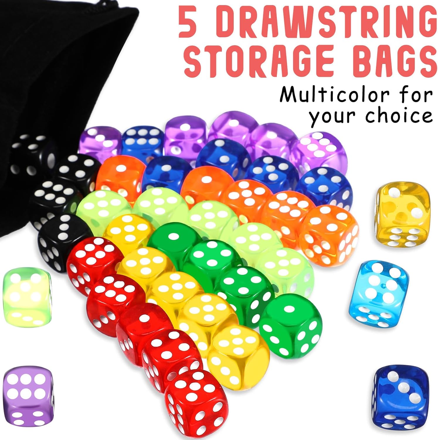 Syhood Juego de 1000 dados de colores de 0.555 pulgadas, 6 caras con 5 bolsas de cordón, dados estándar para juegos de dados, aula, enseñanza de